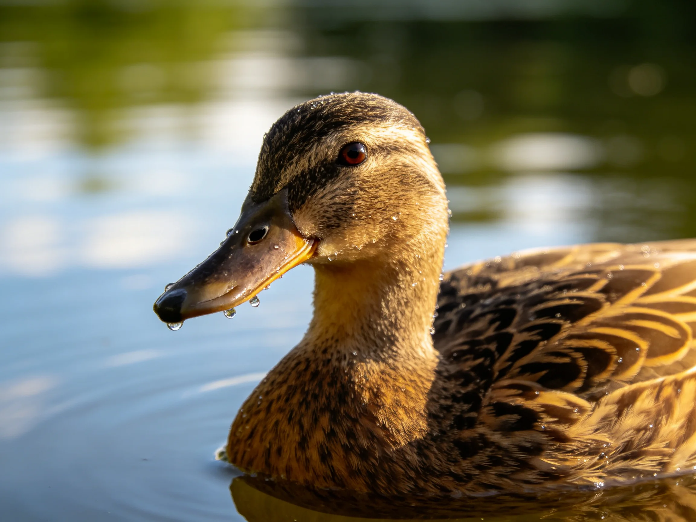 A duck with brown and golden feathers swims in calm water
