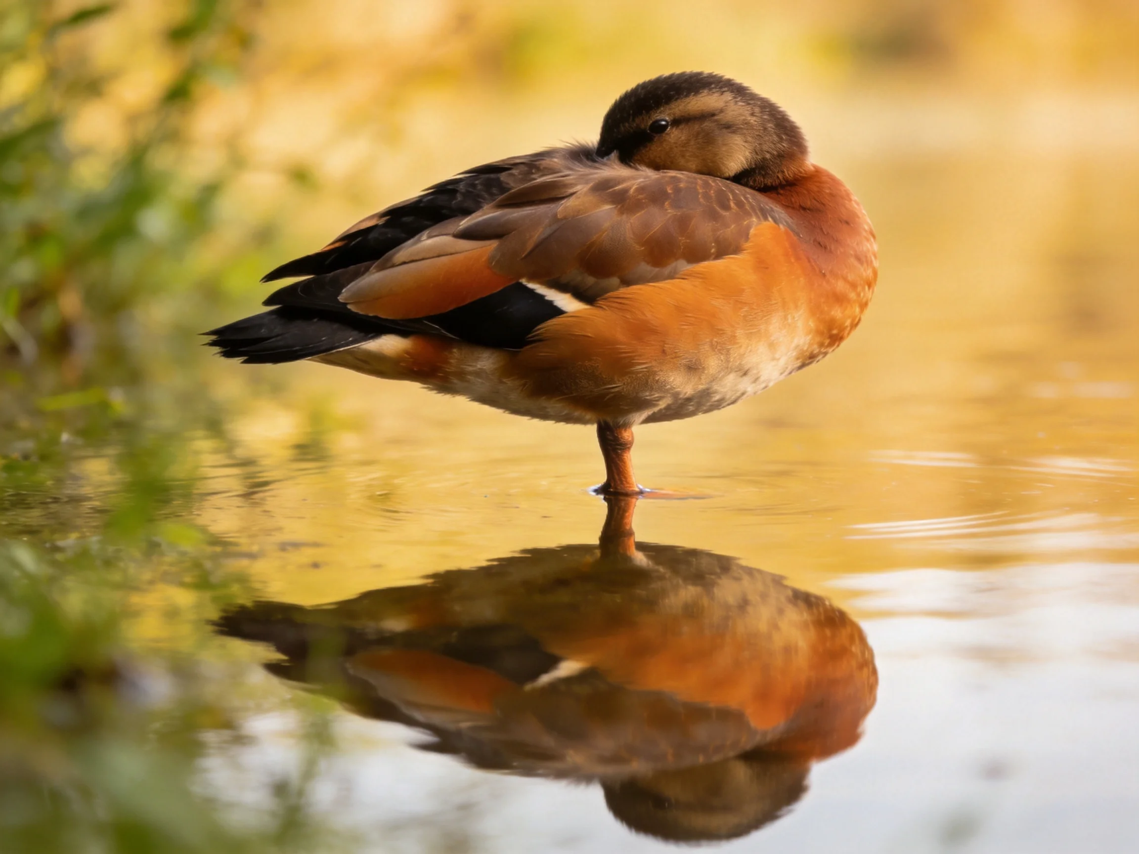 A duck with brown and orange plumage stands in calm water, reflecting its form.