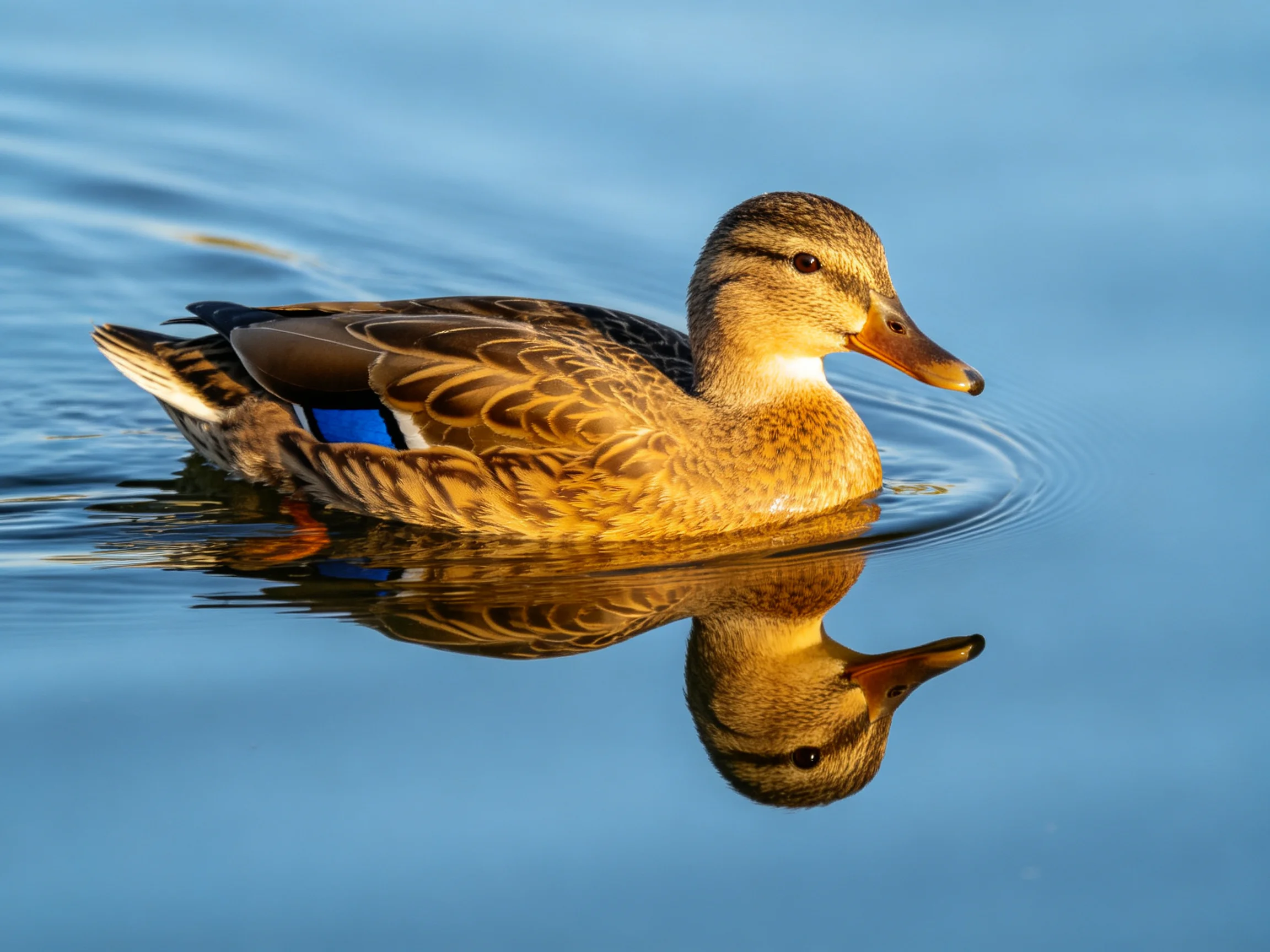 A duck with brown and tan feathers swims in calm blue water with a clear reflection