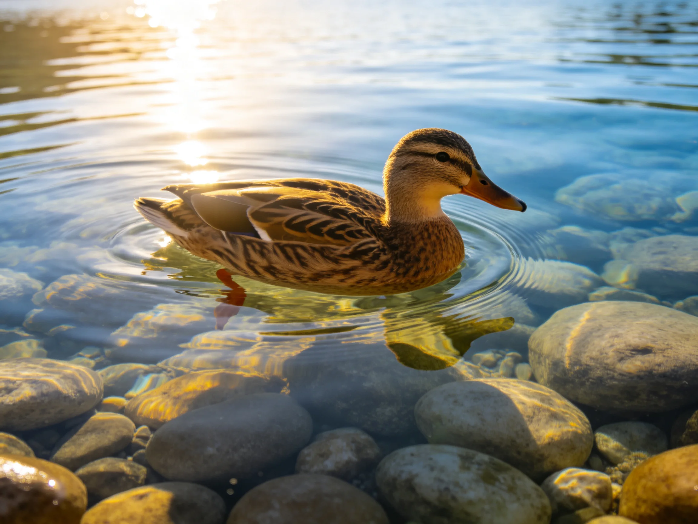 A duck with brown and tan feathers swims in clear water over smooth stones with golden sunlight