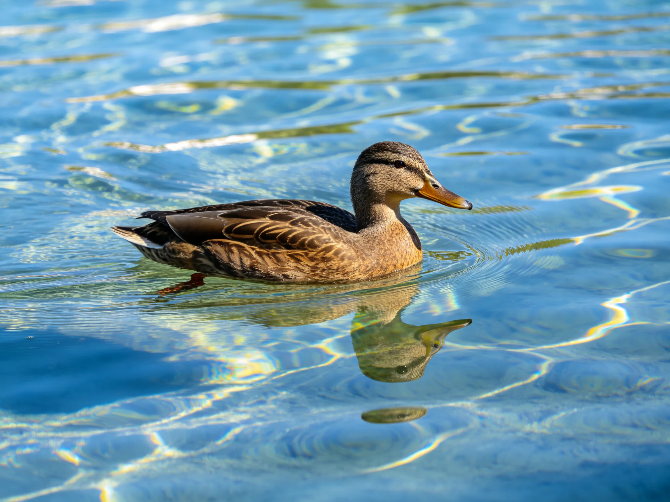 A duck with brown and tan plumage swims in clear blue water