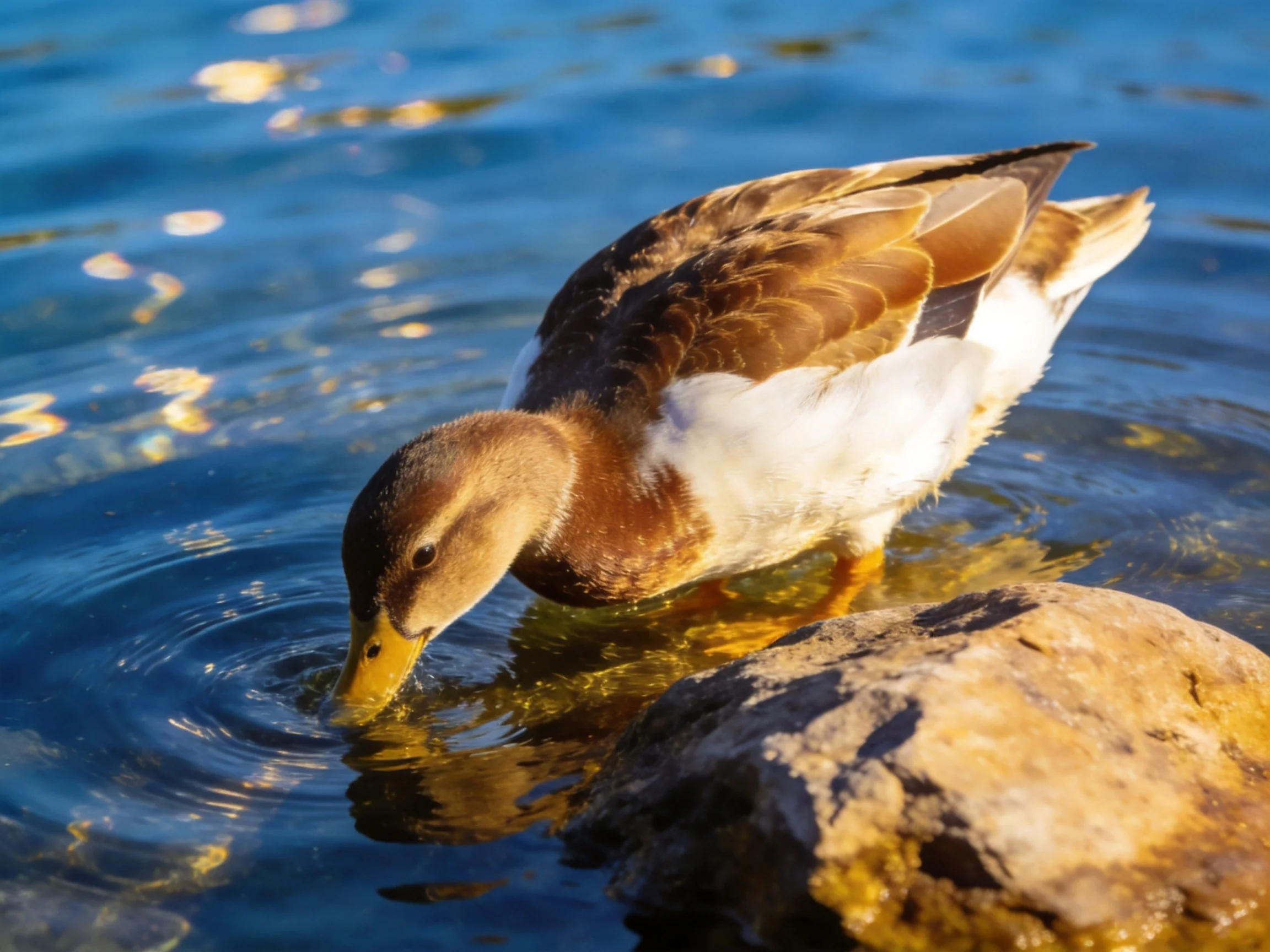 A duck with brown and white plumage drinks from clear blue water near a rocky shore