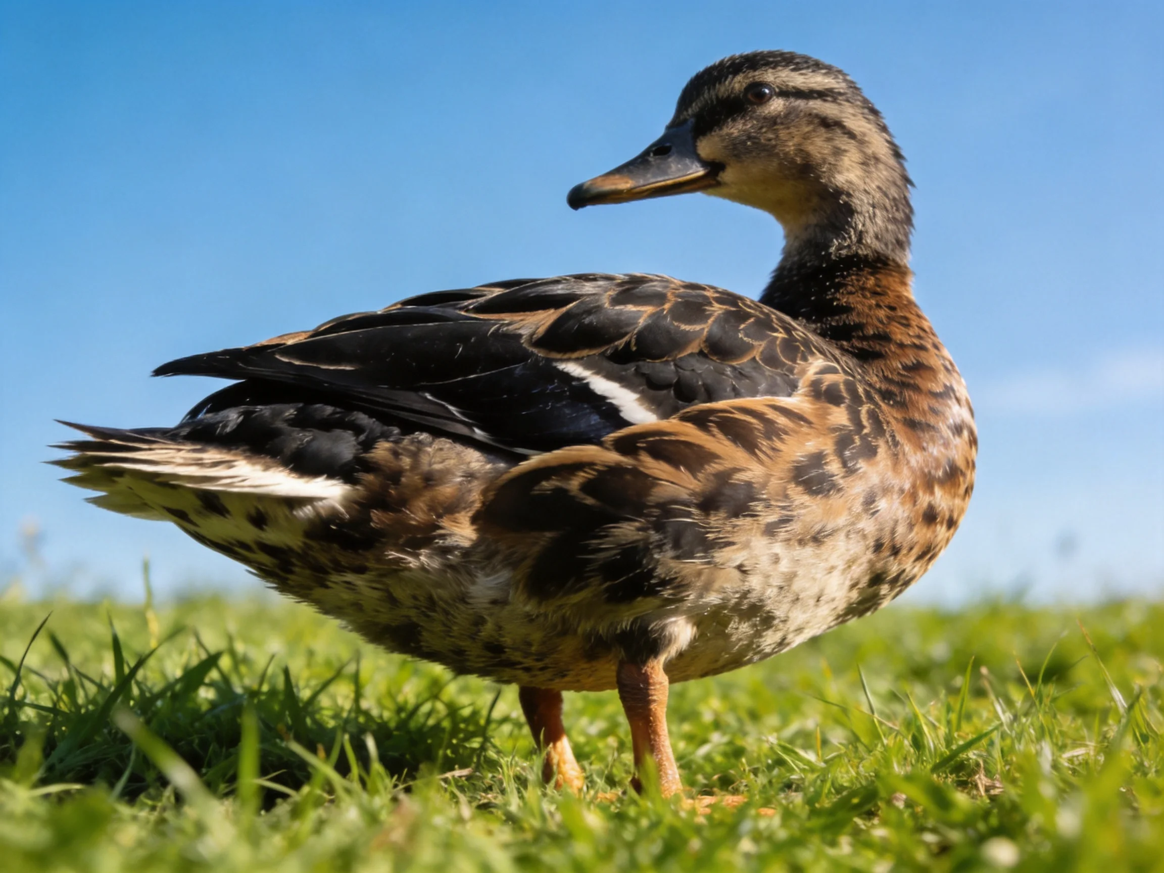 A duck with multicolored plumage stands on green grass beneath a clear blue sky.