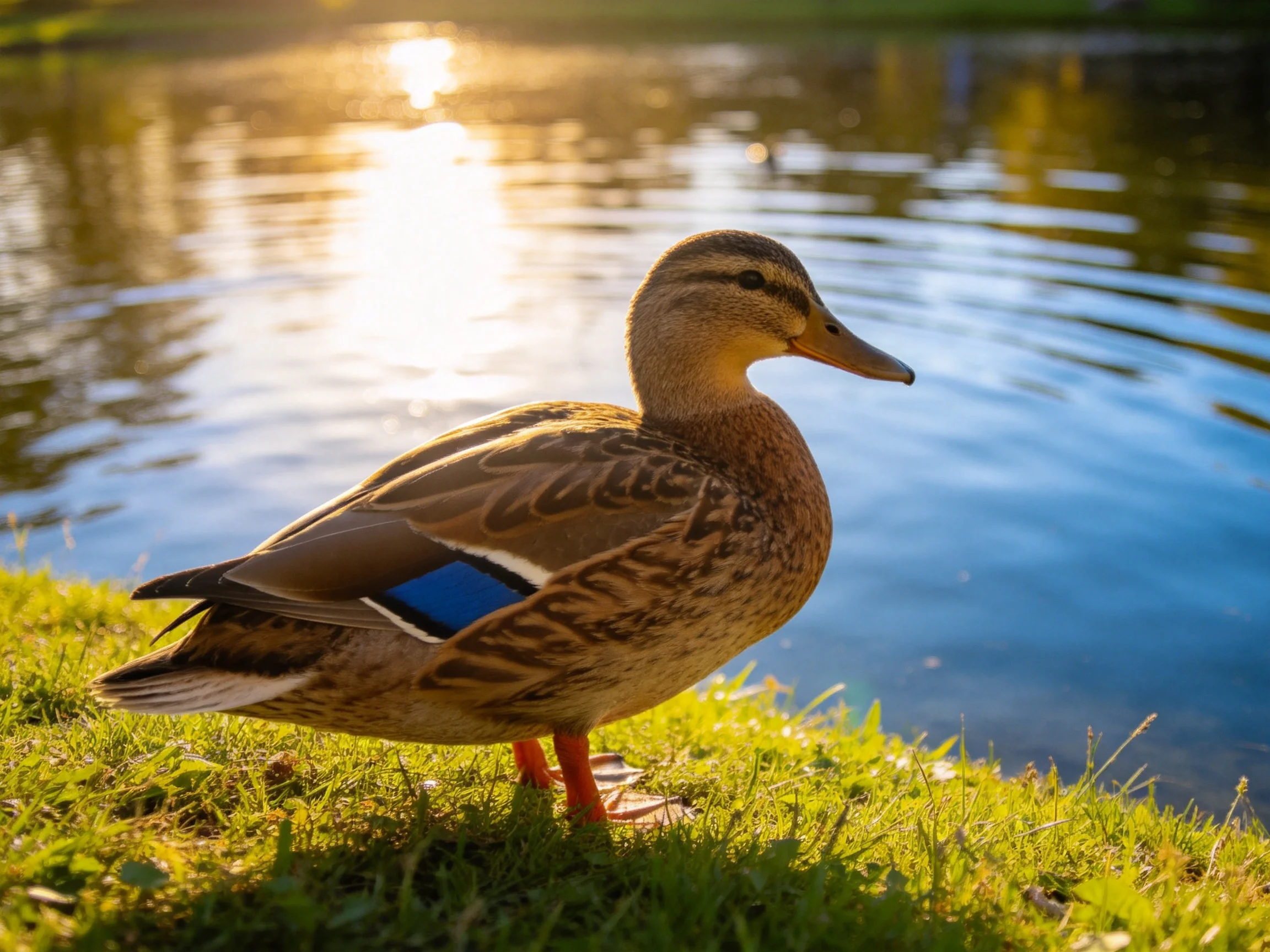 A duck with brown feathers and blue wing markings stands by a sunlit pond