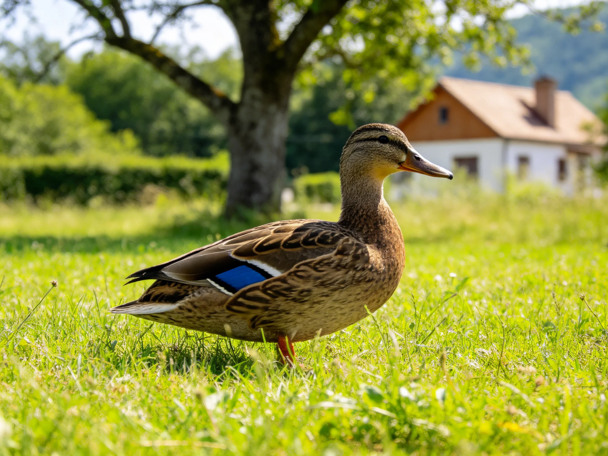 A duck with brown feathers and blue wing patch on green grass near a tree and house