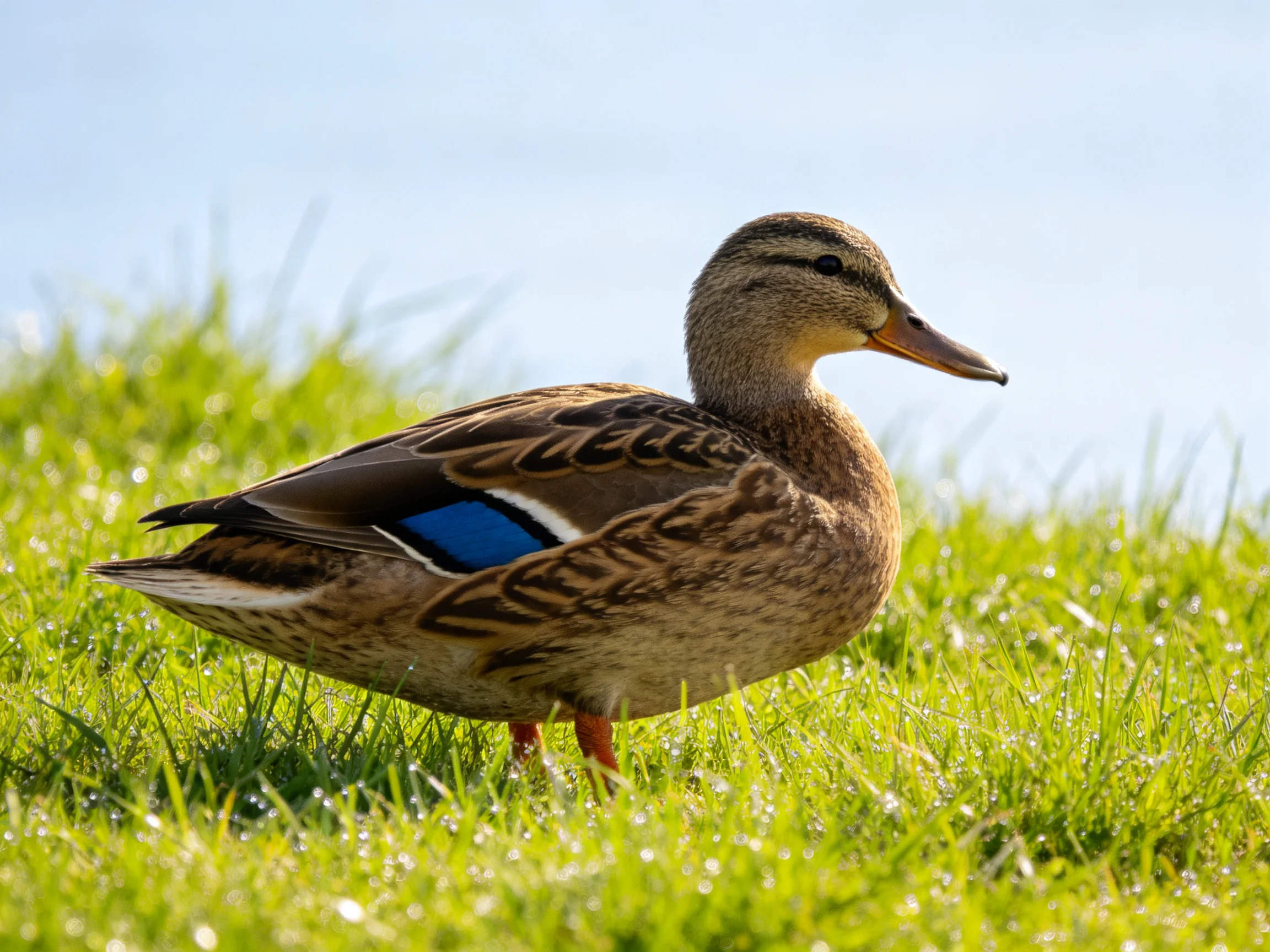 A duck with brown plumage and blue wing patch standing on lush green grass