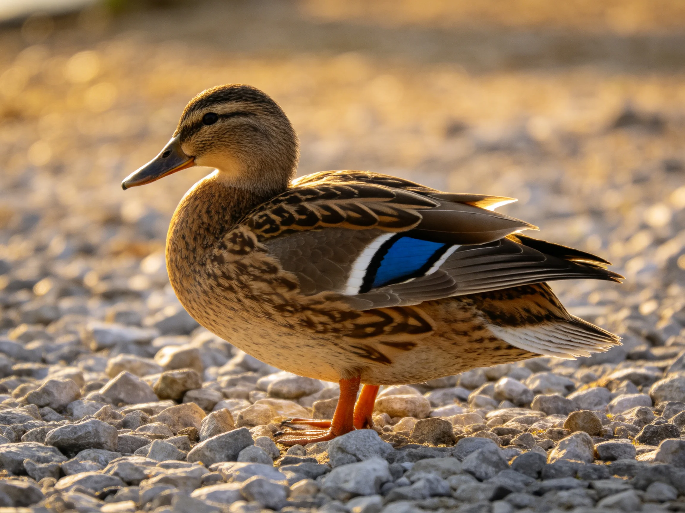 A duck with brown plumaged feathers and blue wing markings stands on gravel