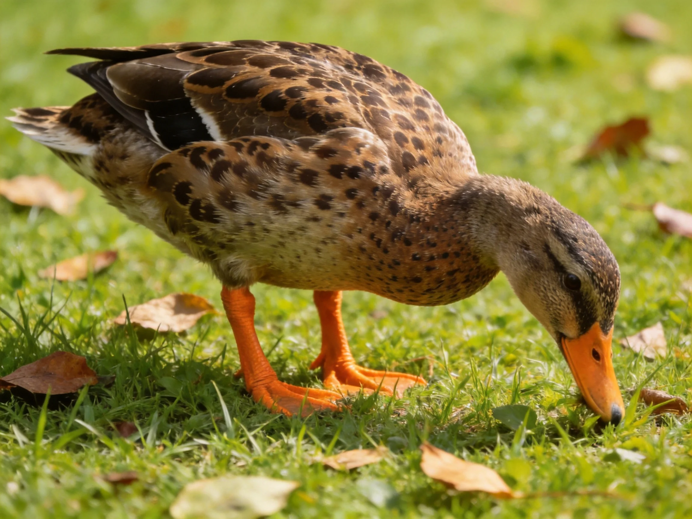 A duck with brown spotted plumage foraging on green grass