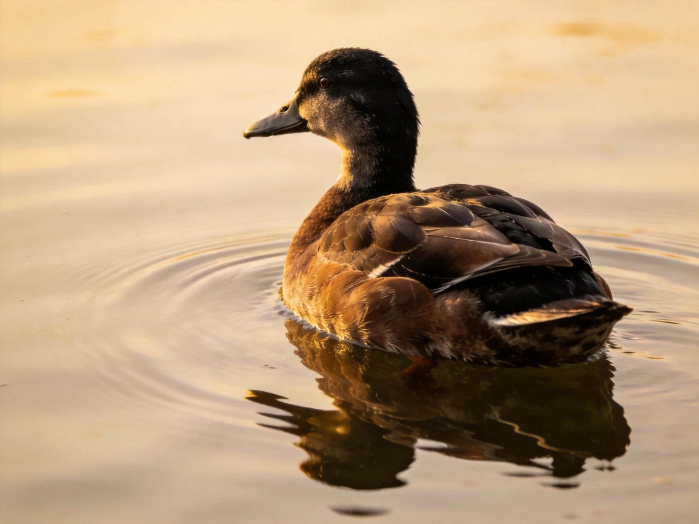 A duck with dark brown plumage gliding on calm water with golden reflections