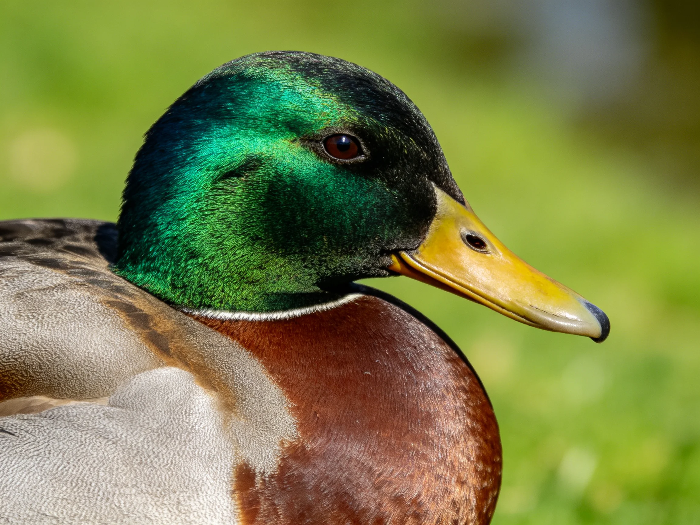 A duck with iridescent green head, yellow beak, and brown chest feathers