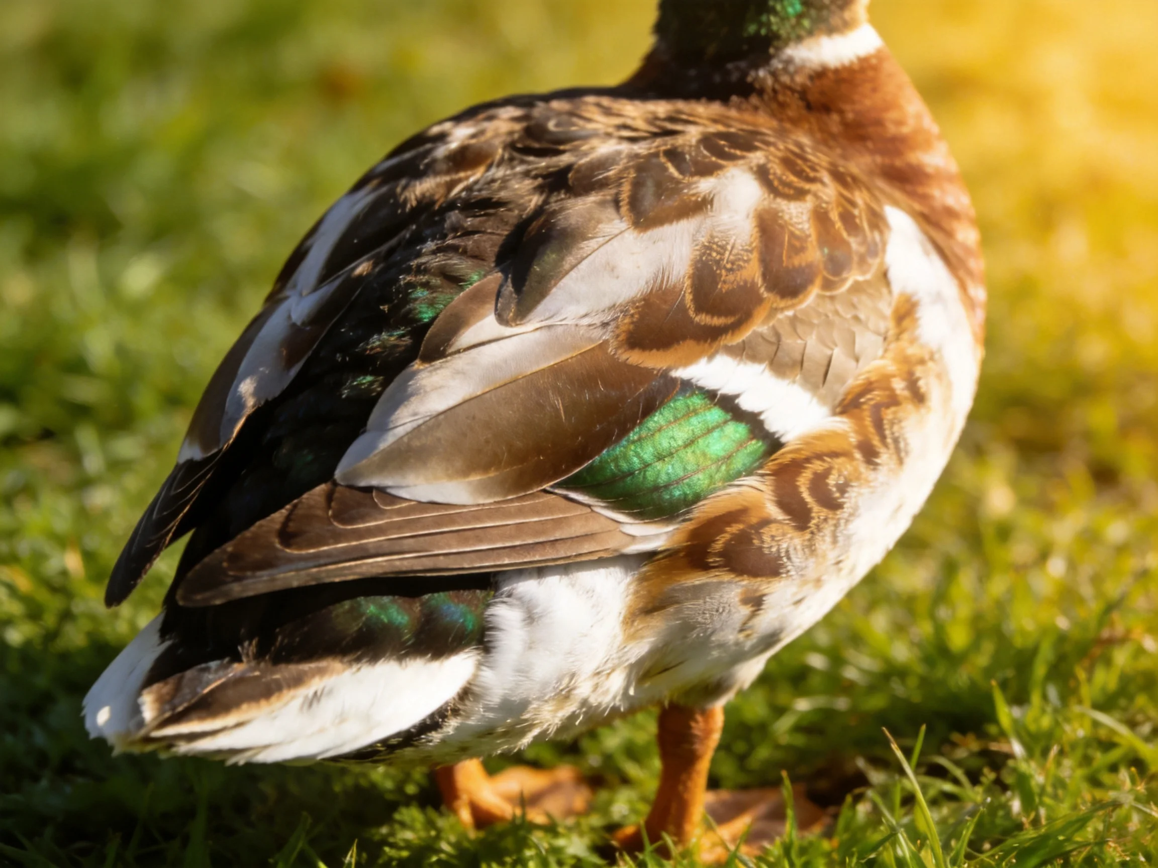 A duck with beautifully patterned brown, white, and green plumage stands on grass bathed in sunlight.