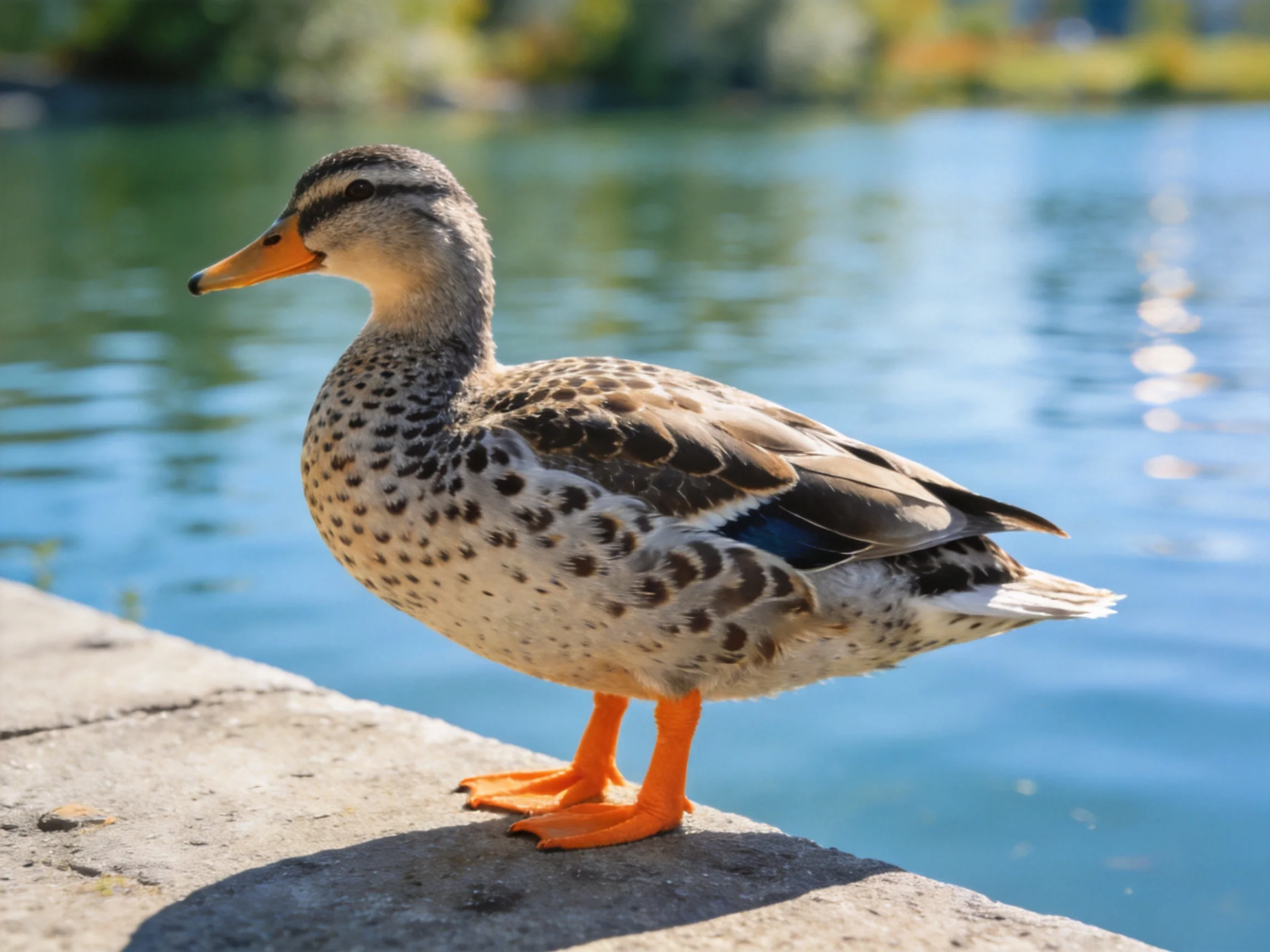 A duck with orange beak and feet stands by calm blue water