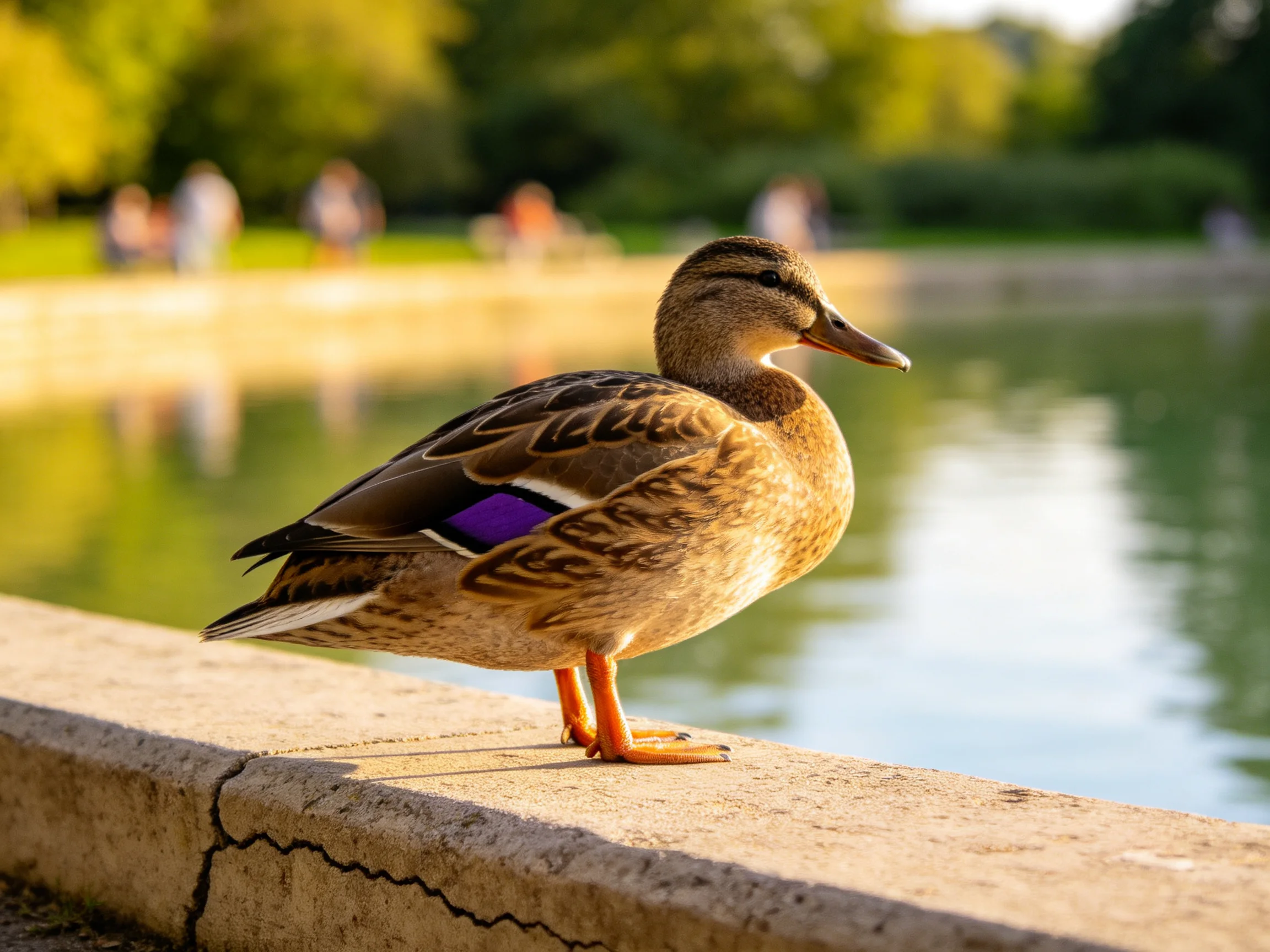 A duck with purple wing marking perched by a calm pond