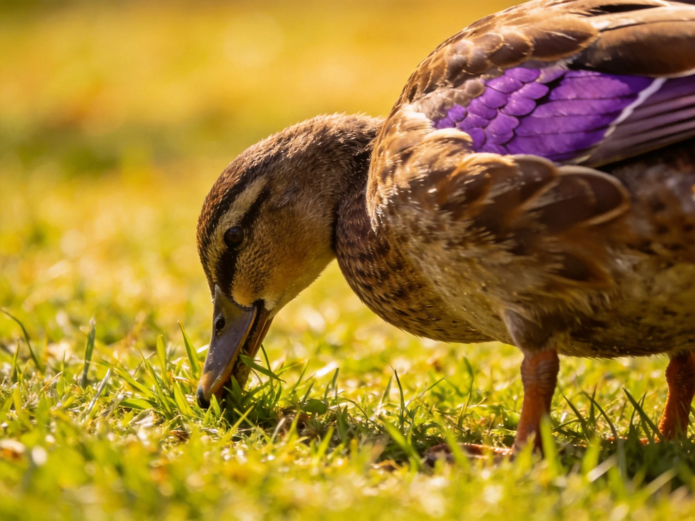 A duck with purple wing patches pecking at lush green grass