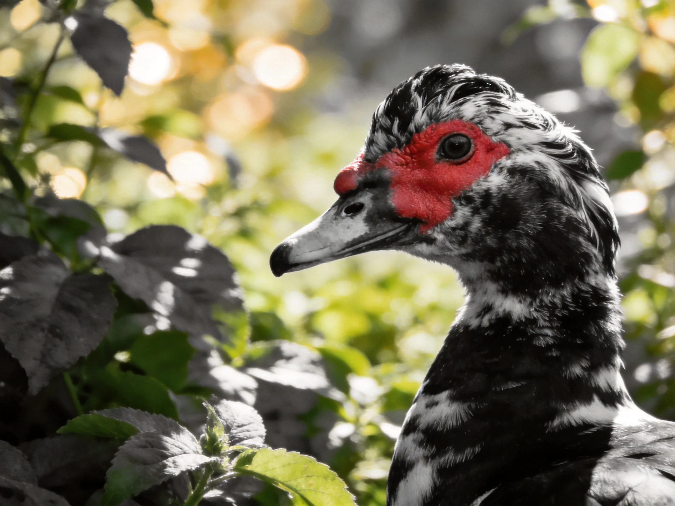 A duck with red facial skin and black-and-white feathers near green foliage