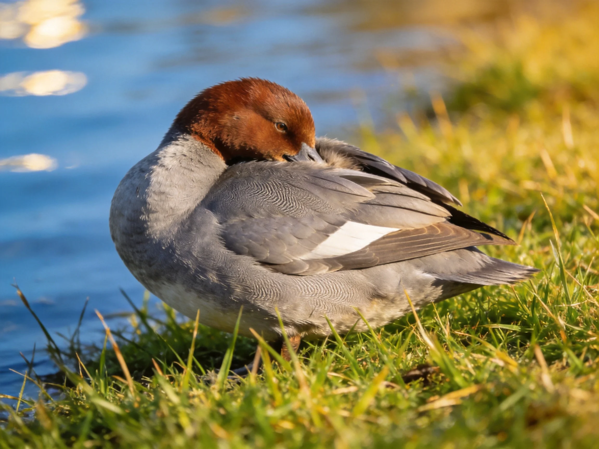 A duck with reddish-brown head preens on green grass by calm blue water