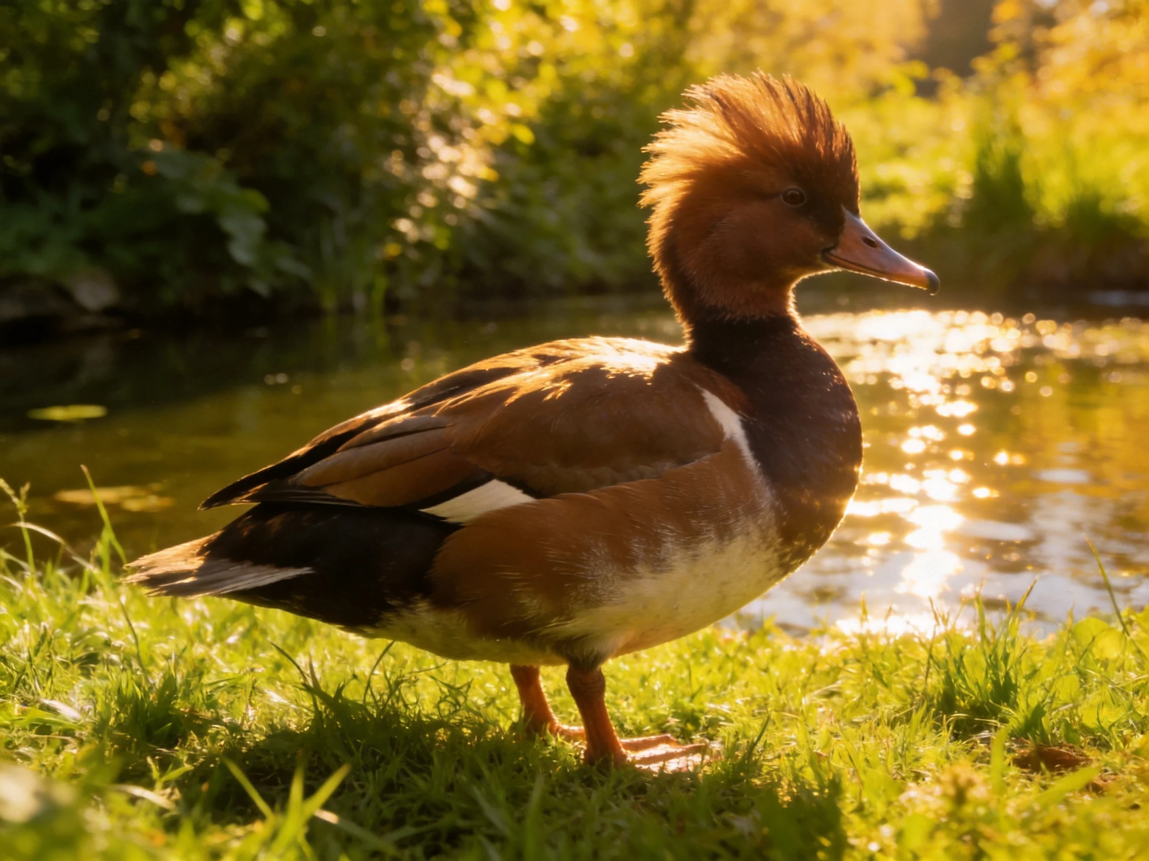 A duck with reddish crest stands by sunlit water among green vegetation