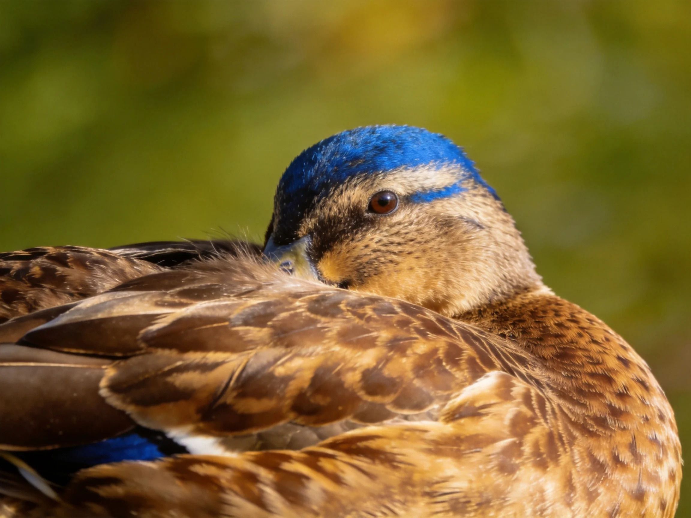 A duck with vibrant blue head and brown speckled plumage resting