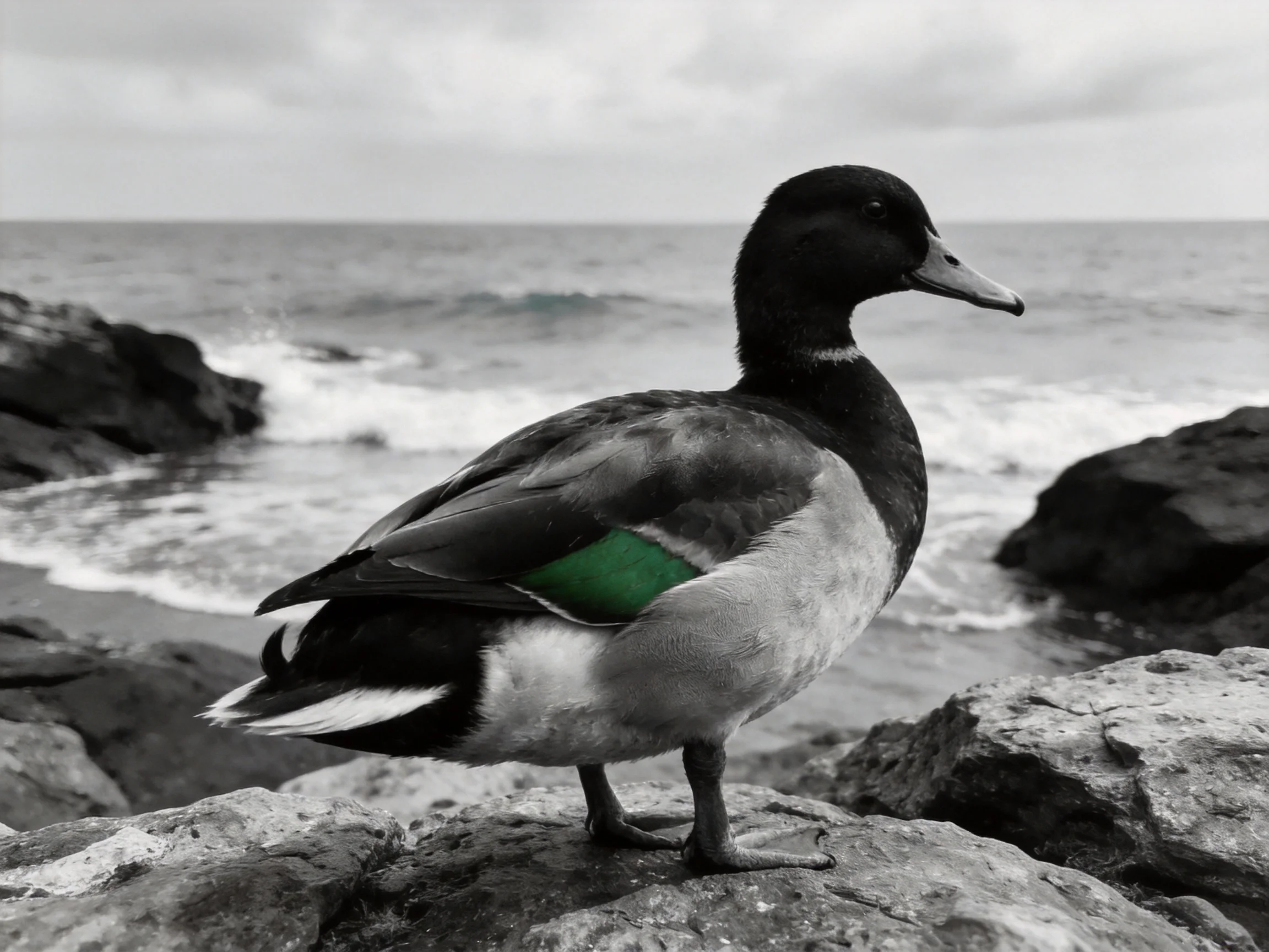 A duck with vibrant green wing patch perched on rugged coastal rocks by the sea