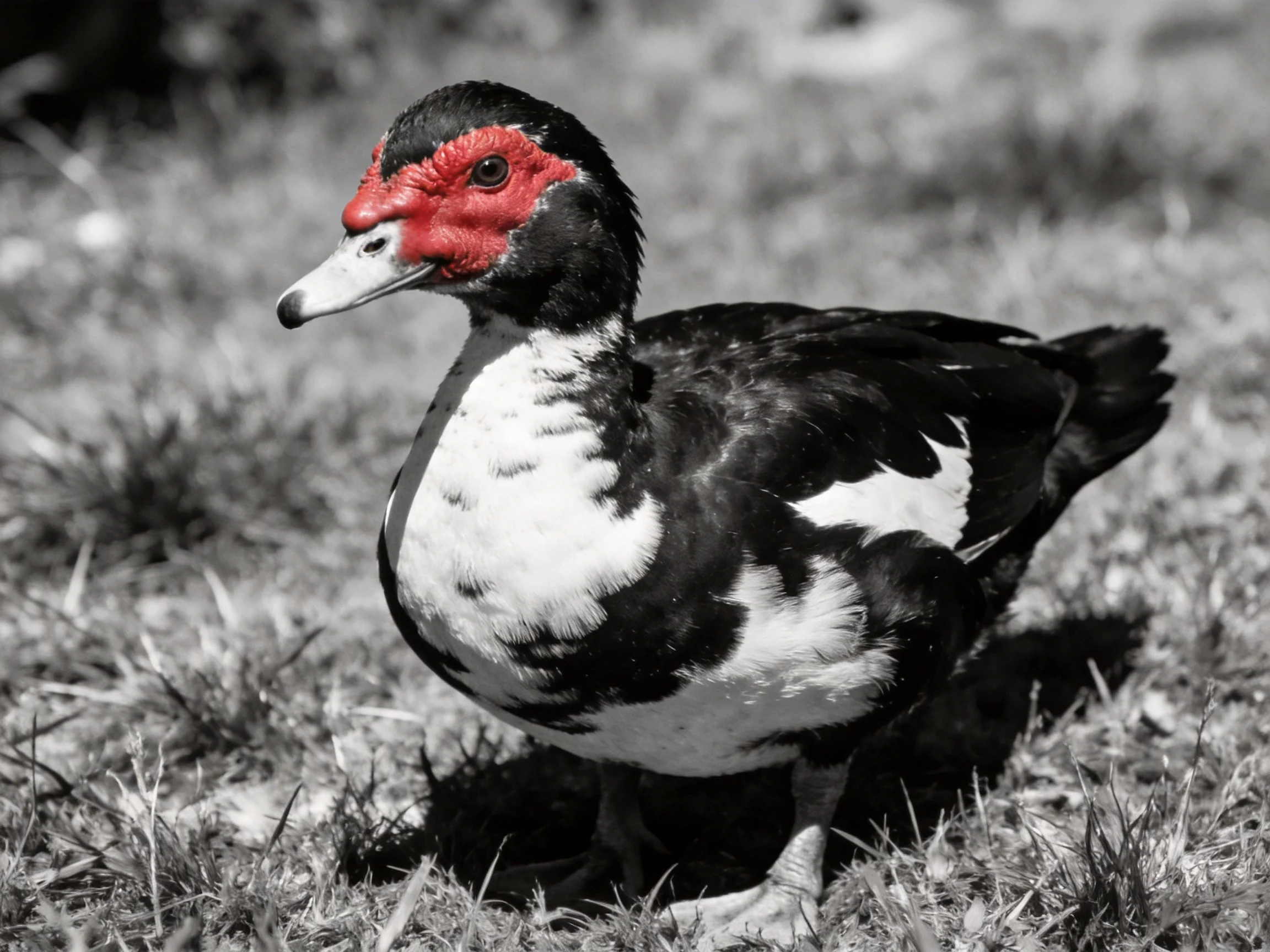 A duck with vivid red head and contrasting black - white plumage on grass