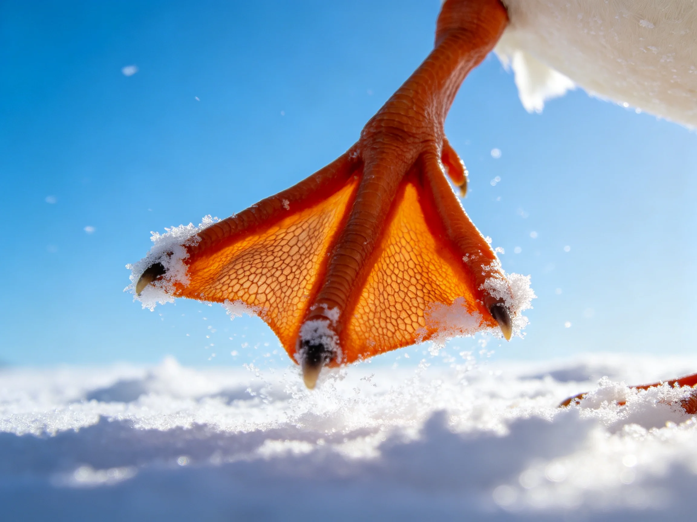 A duck’s orange webbed foot dusted with snow under a clear blue sky