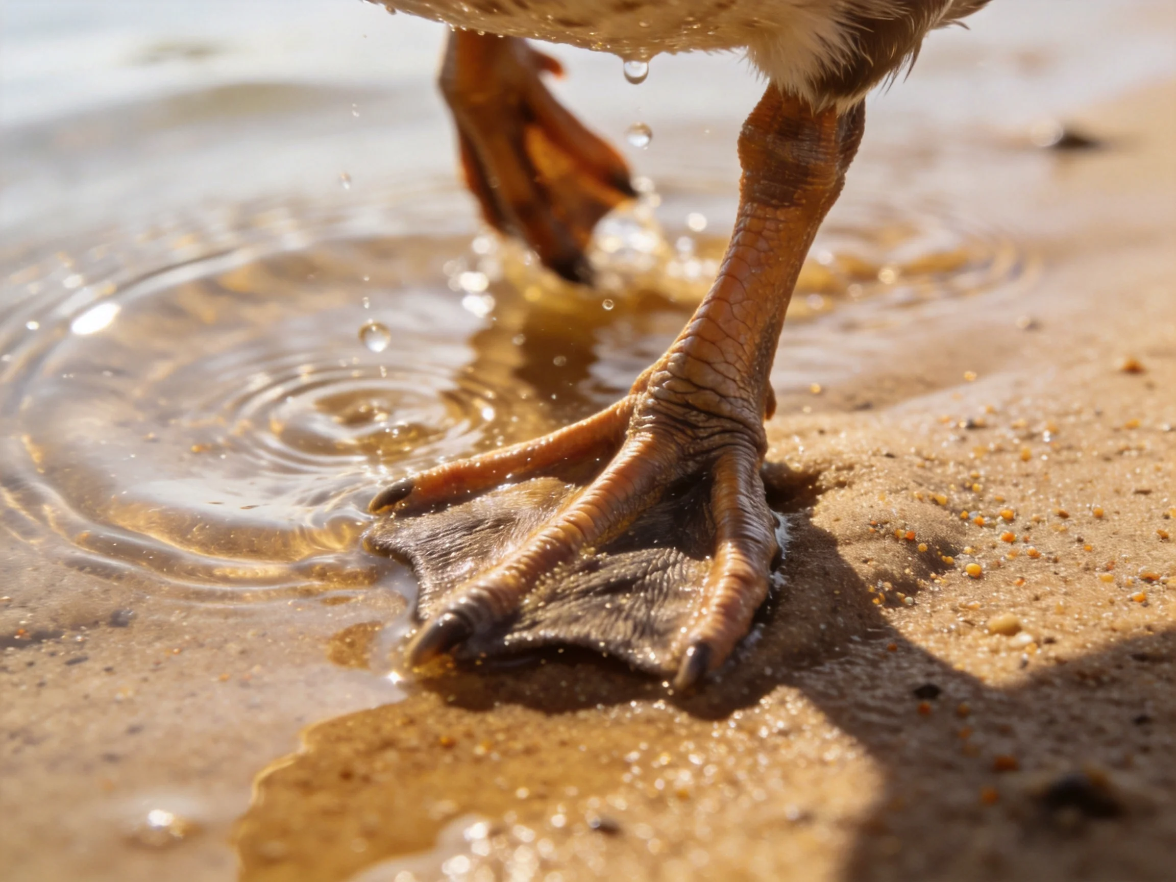 A duck’s webbed foot steps into shallow sandy water with droplets falling