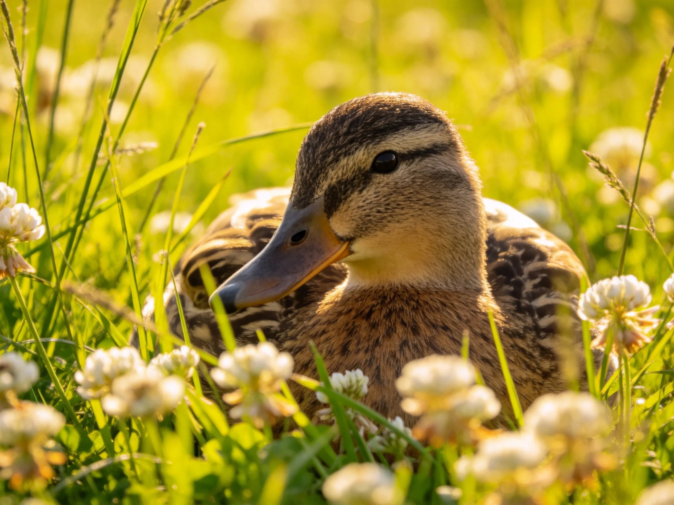 A duckling resting amid tall green grass and delicate white flowers