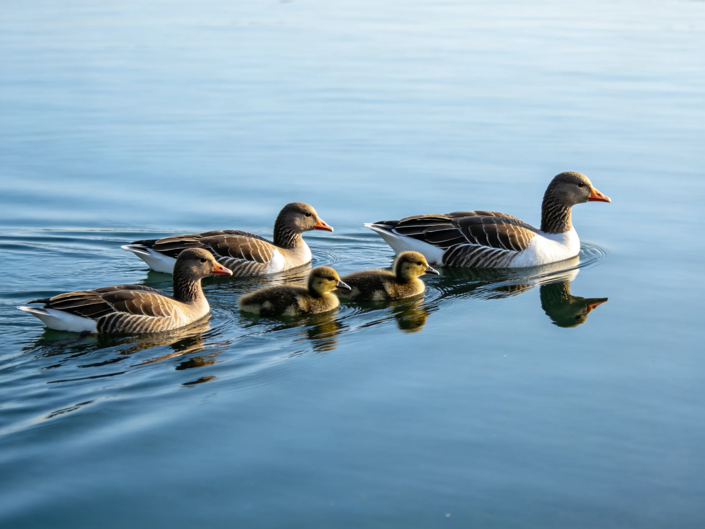 A family of geese swims in calm blue water; three adults, two goslings