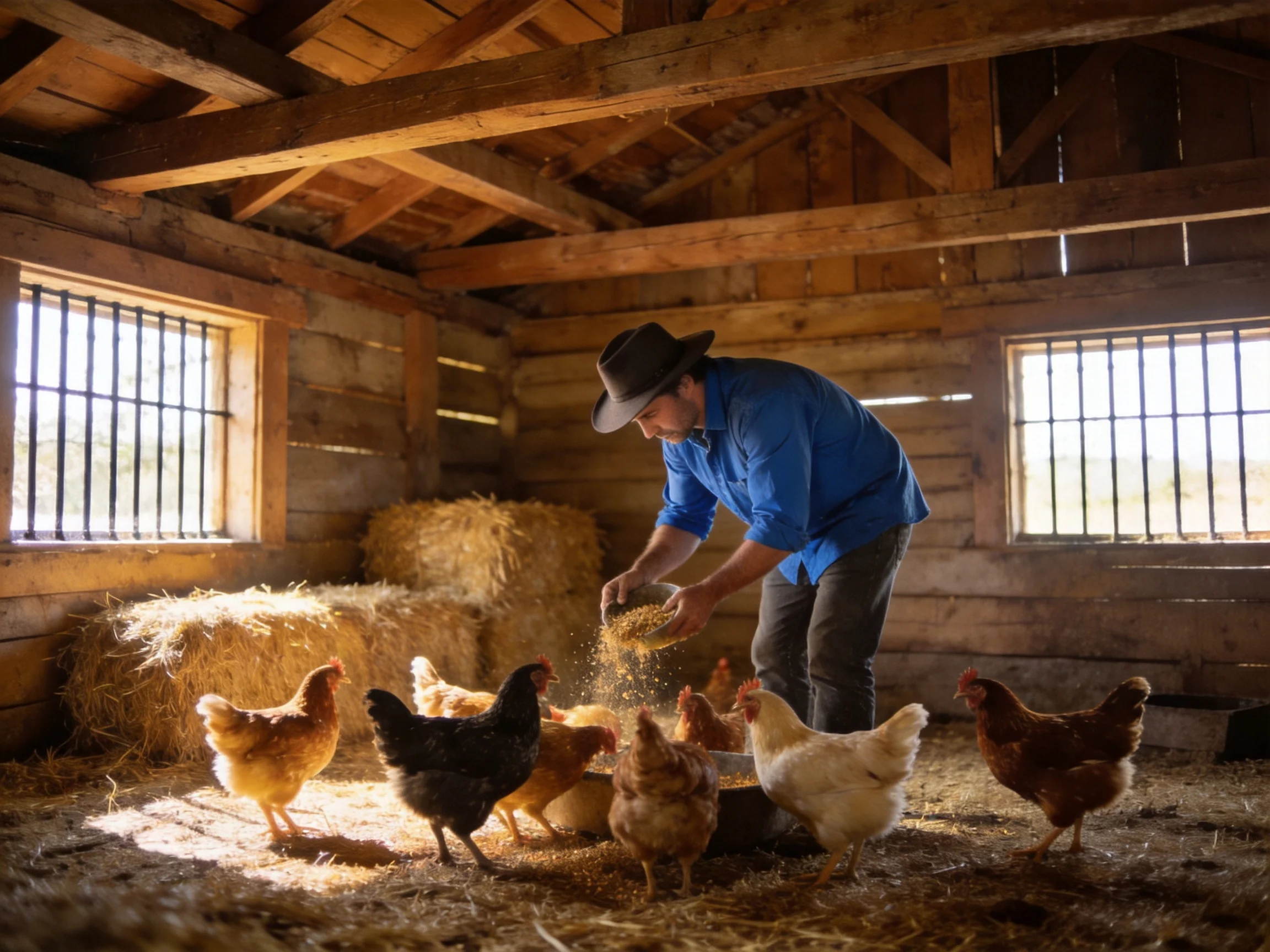 A farmer feeds colorful chickens in a rustic wooden barn with hay bales