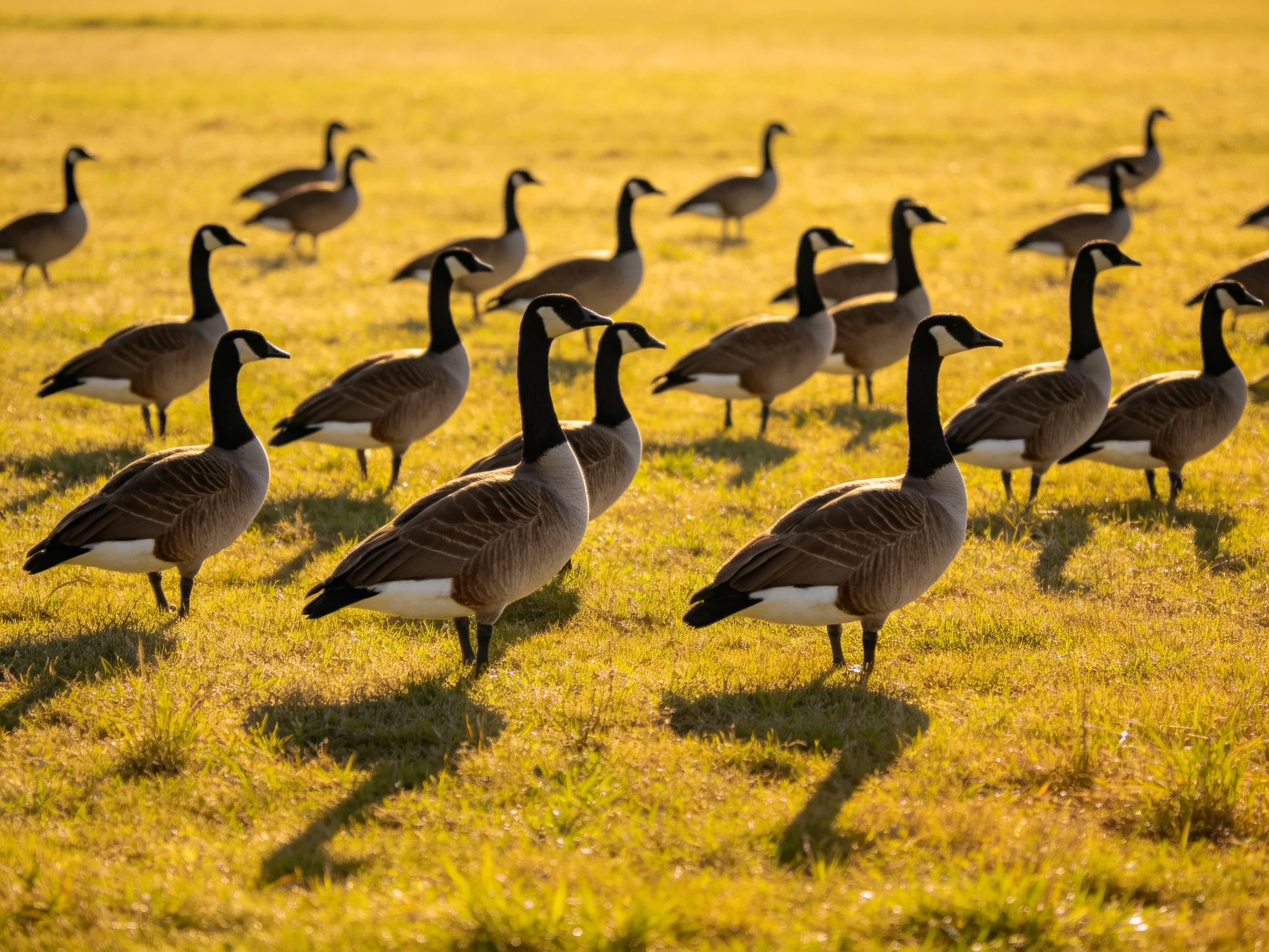 A flock of Canada geese on sun-kissed golden grasslands