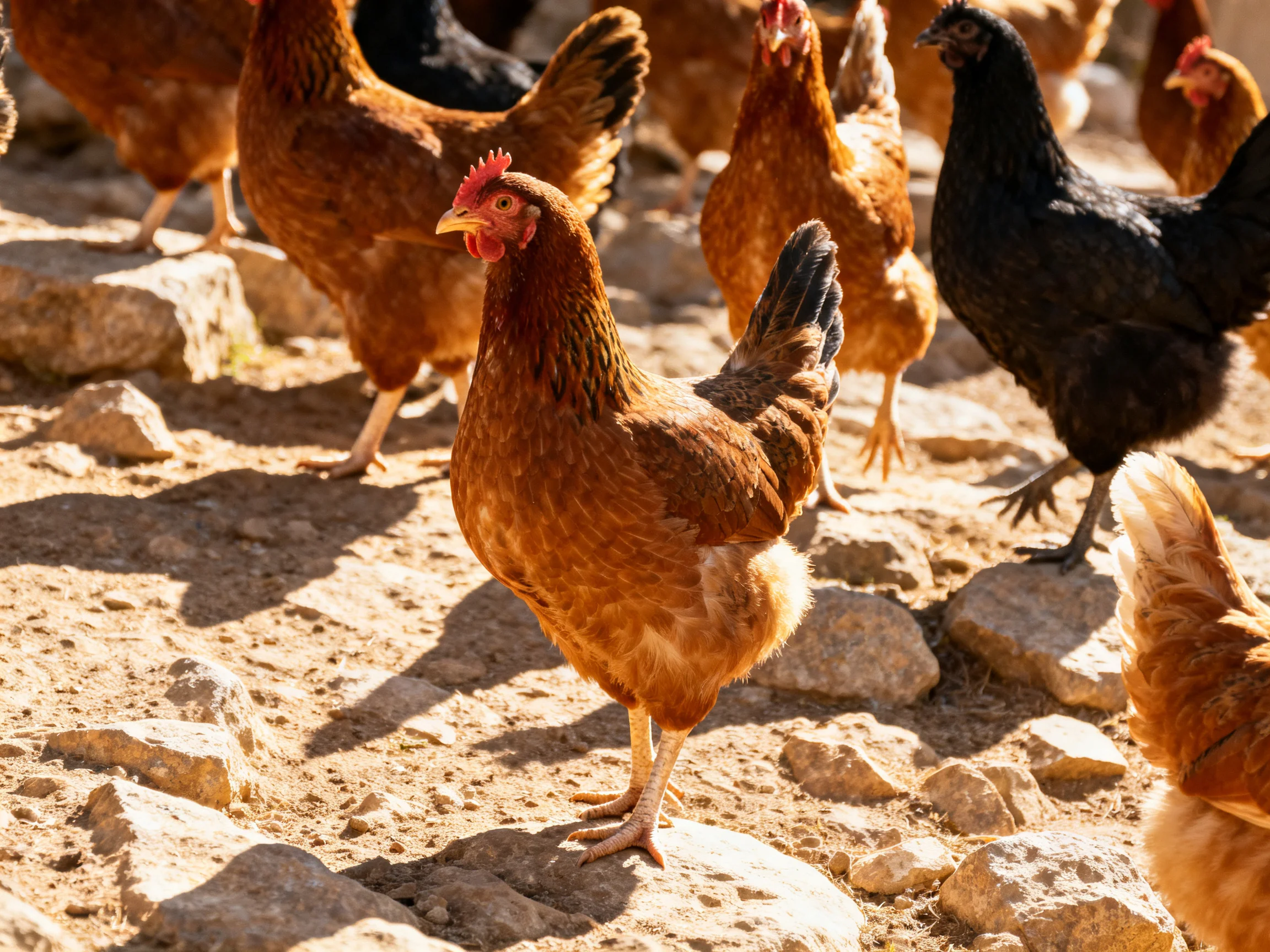 A flock of brown and black hens roams over rocky terrain