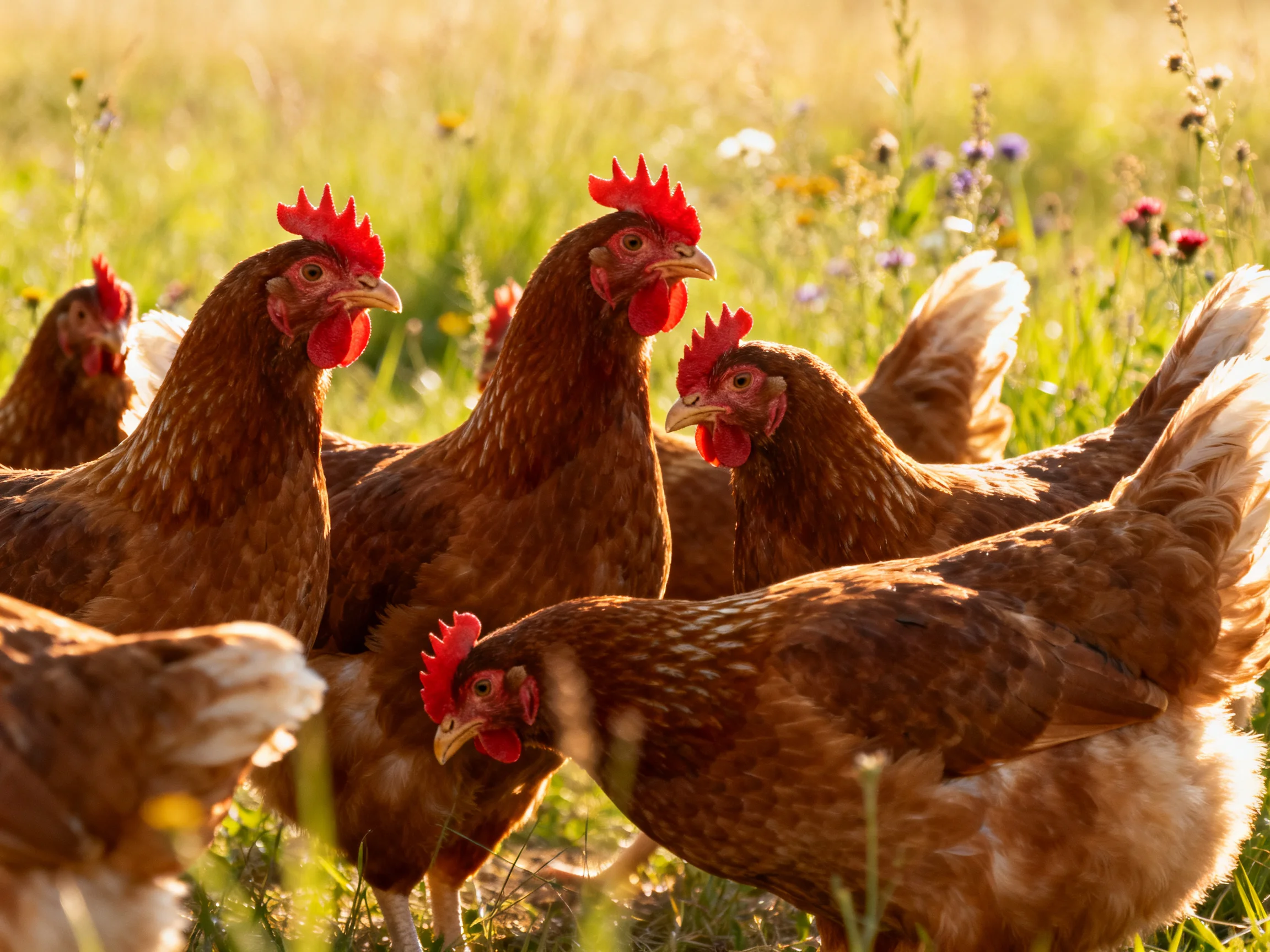 A flock of brown hens roams a sun-drenched meadow with wildflowers