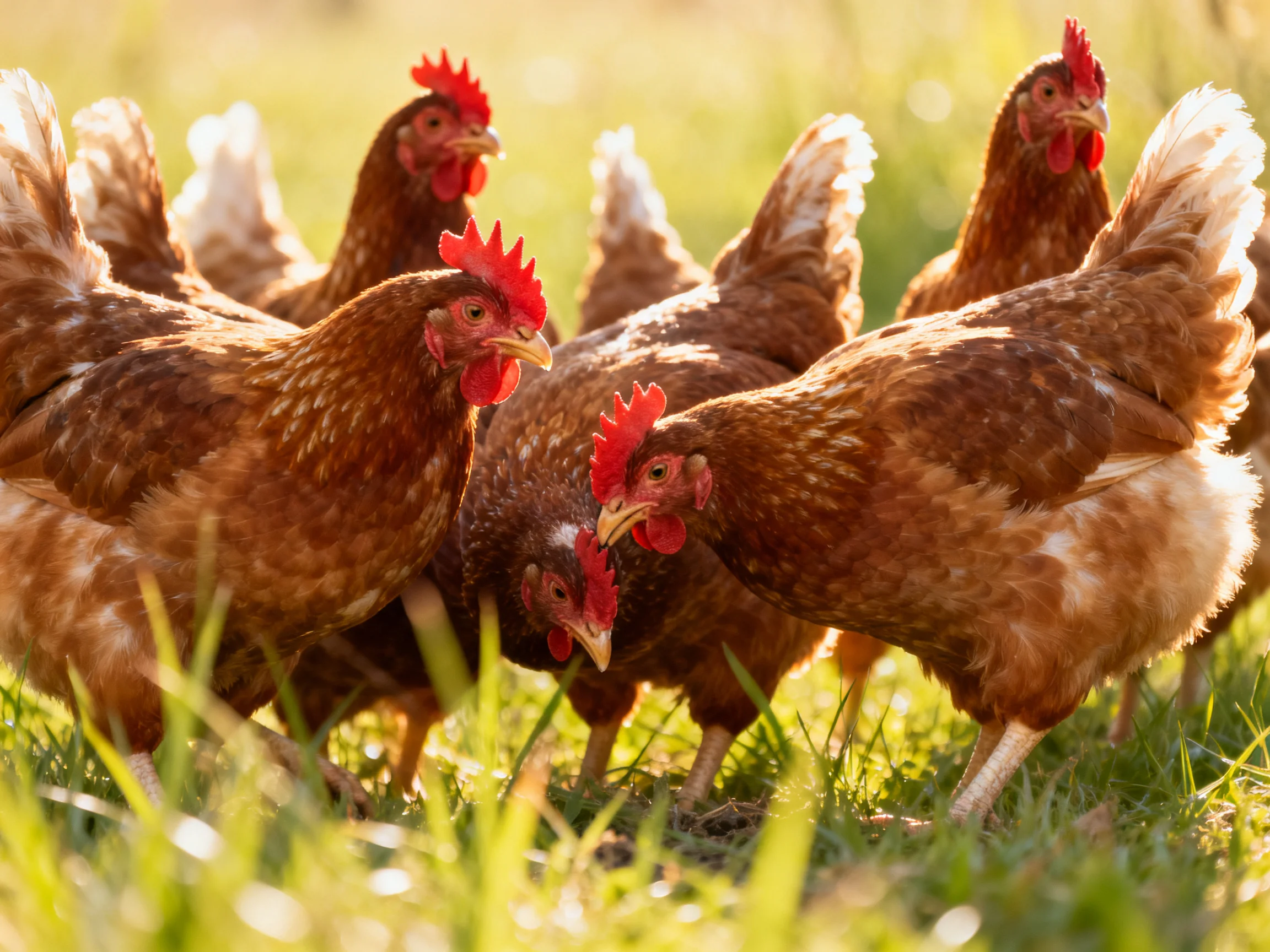 A flock of brown hens with red combs foraging in green grass