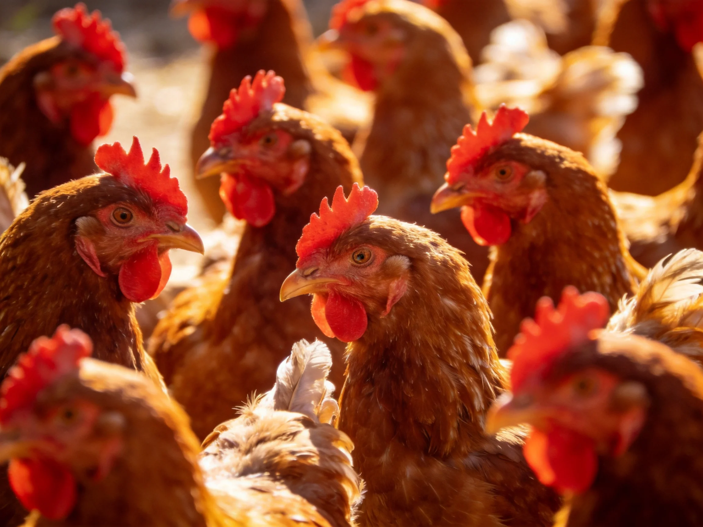 A group of brown hens with bright red combs cluster tightly under warm sunlight.
