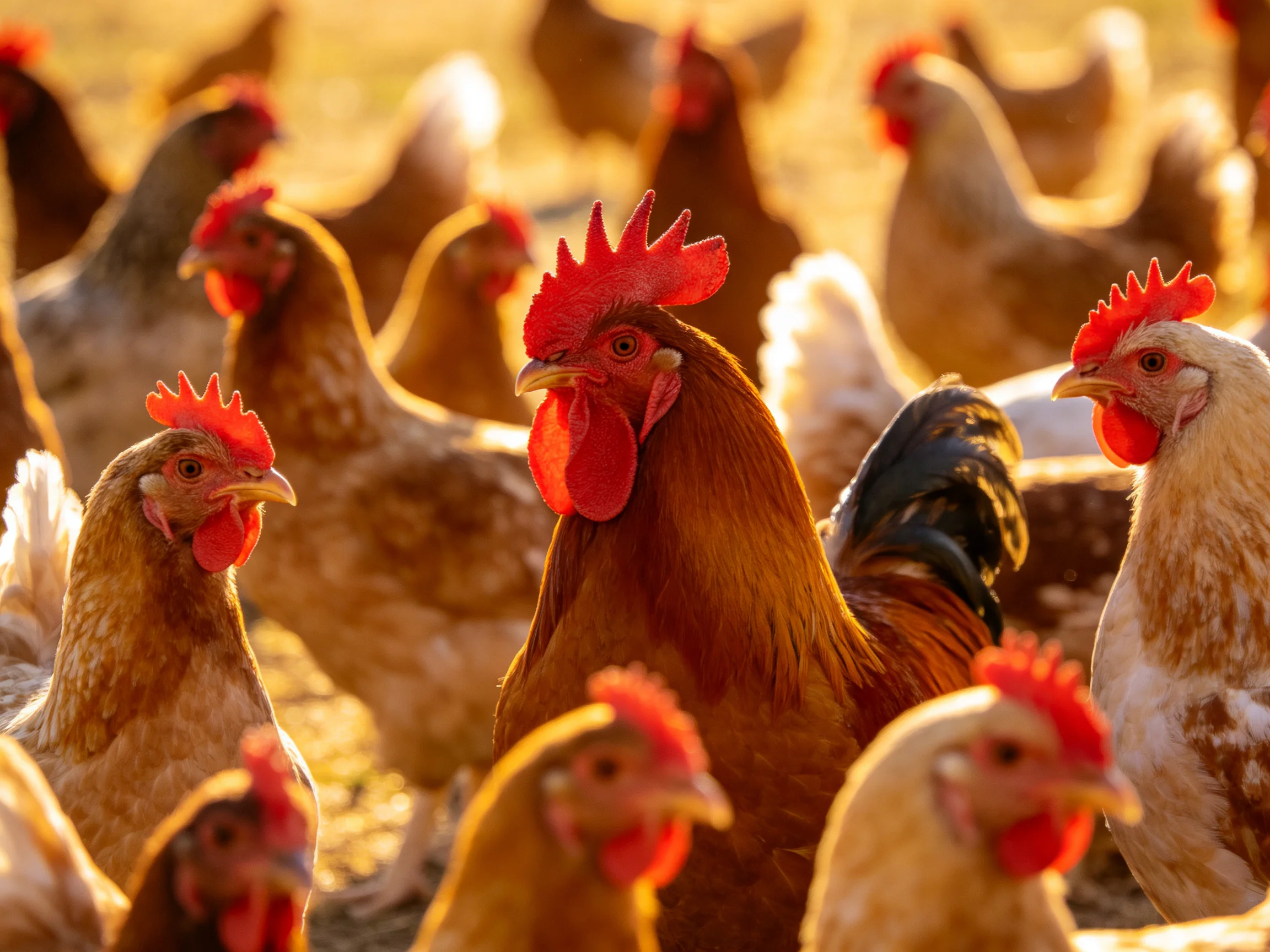 A flock of chickens with vibrant red combs in golden sunlight