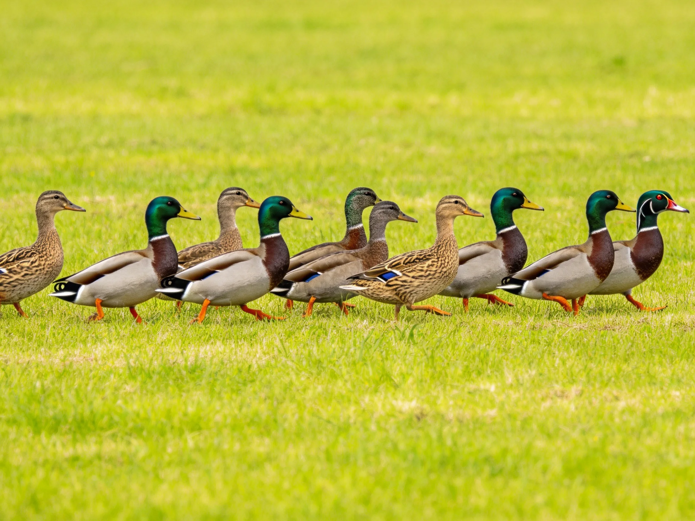 A flock of ducks marching across a lush green field