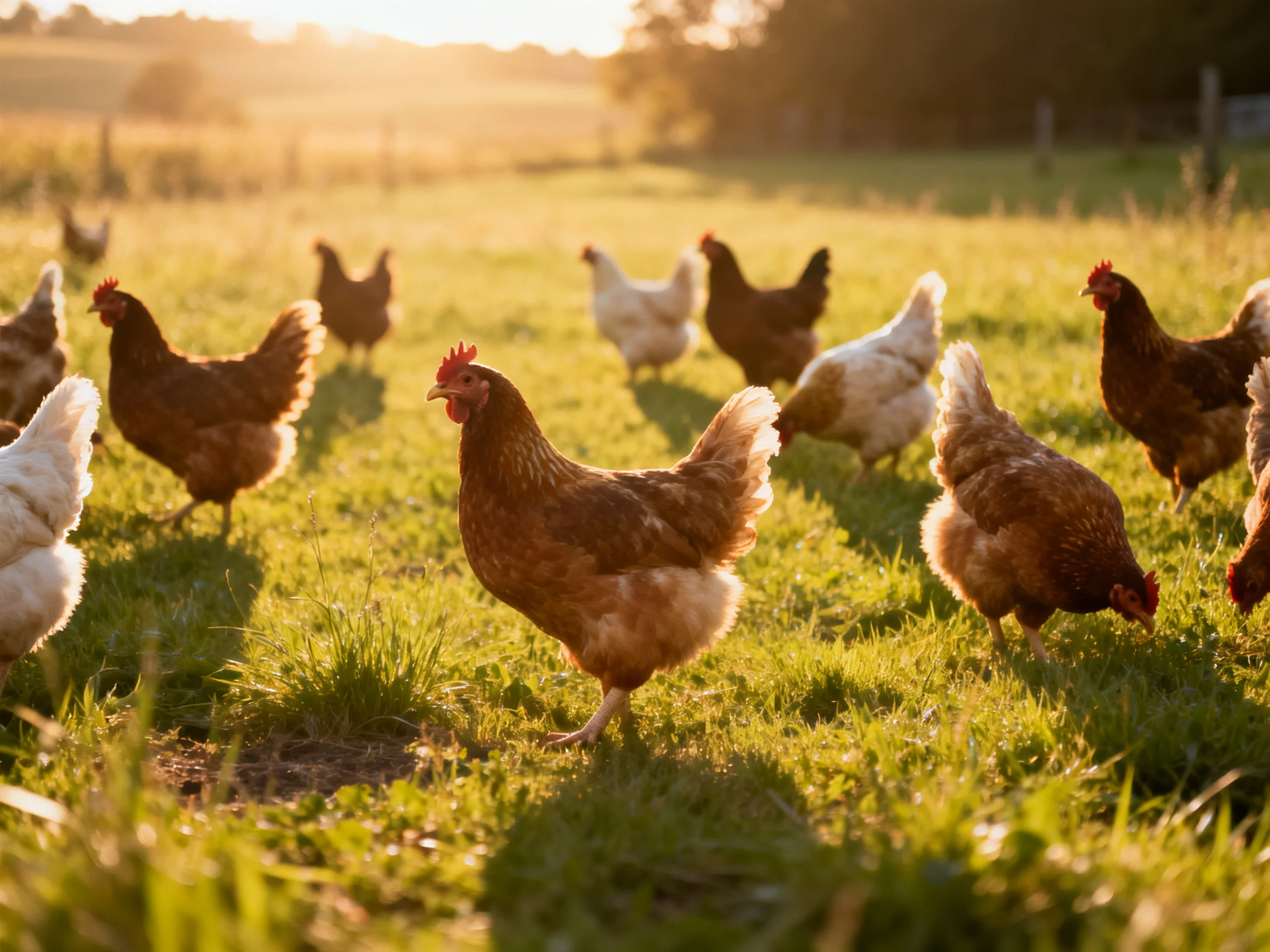 A flock of multicolored chickens foraging in a sunlit green pasture