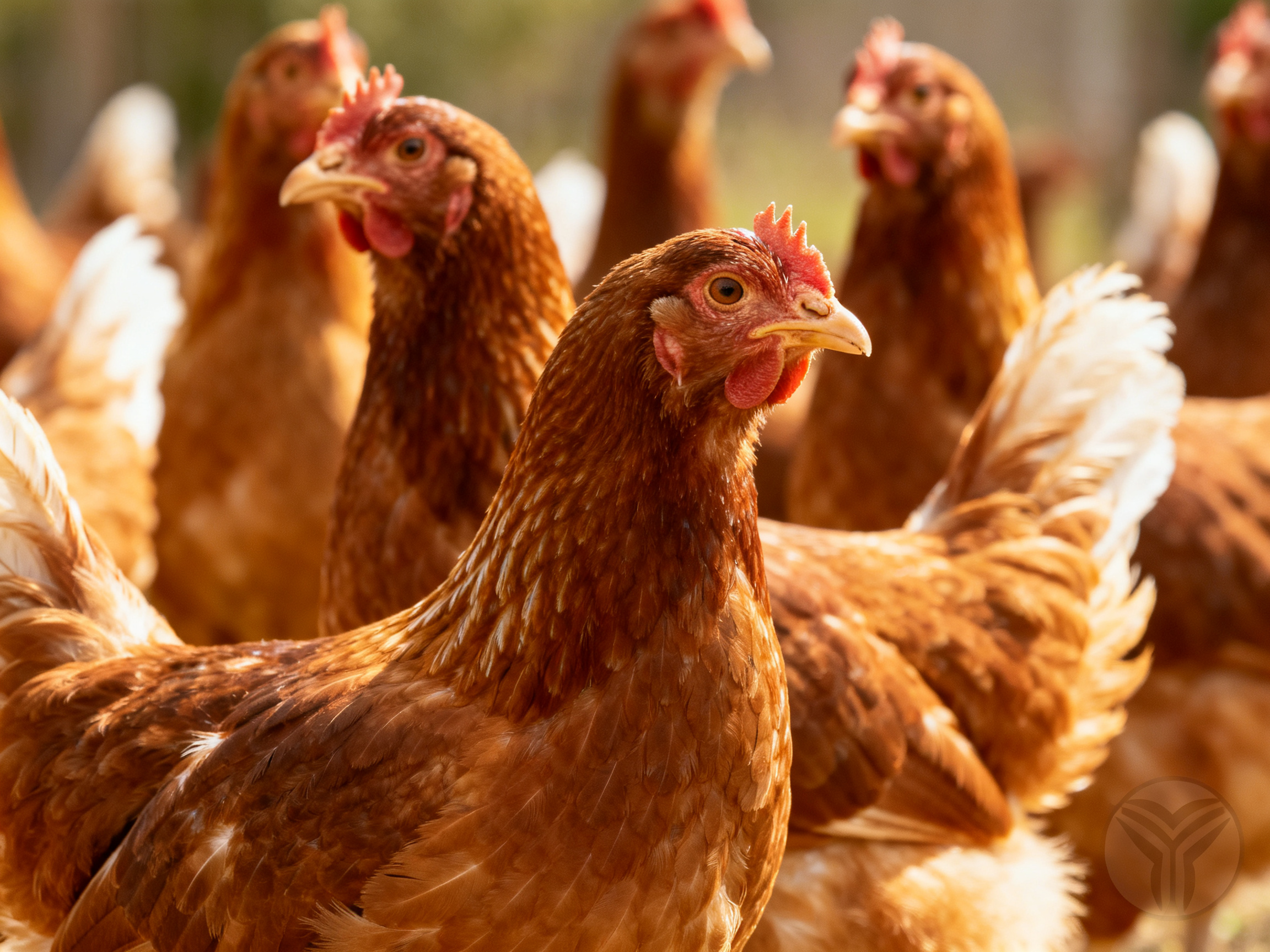 A flock of reddish - brown hens gathered closely outdoors