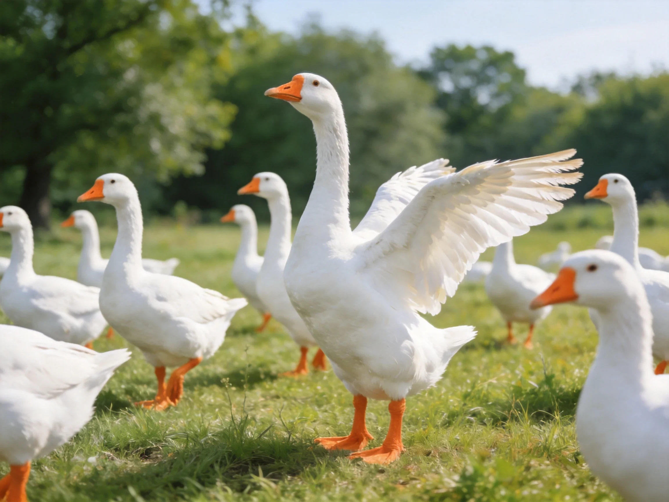 A flock of white geese with orange beaks and feet in a sunny meadow