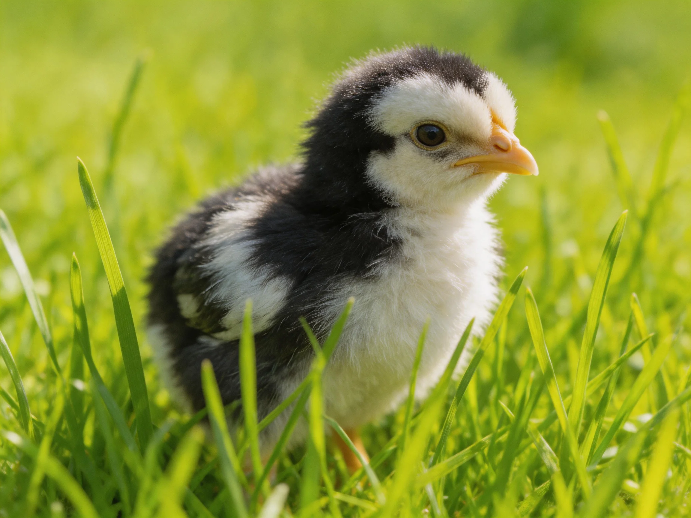 A fluffy black-and-white chick in lush green grass
