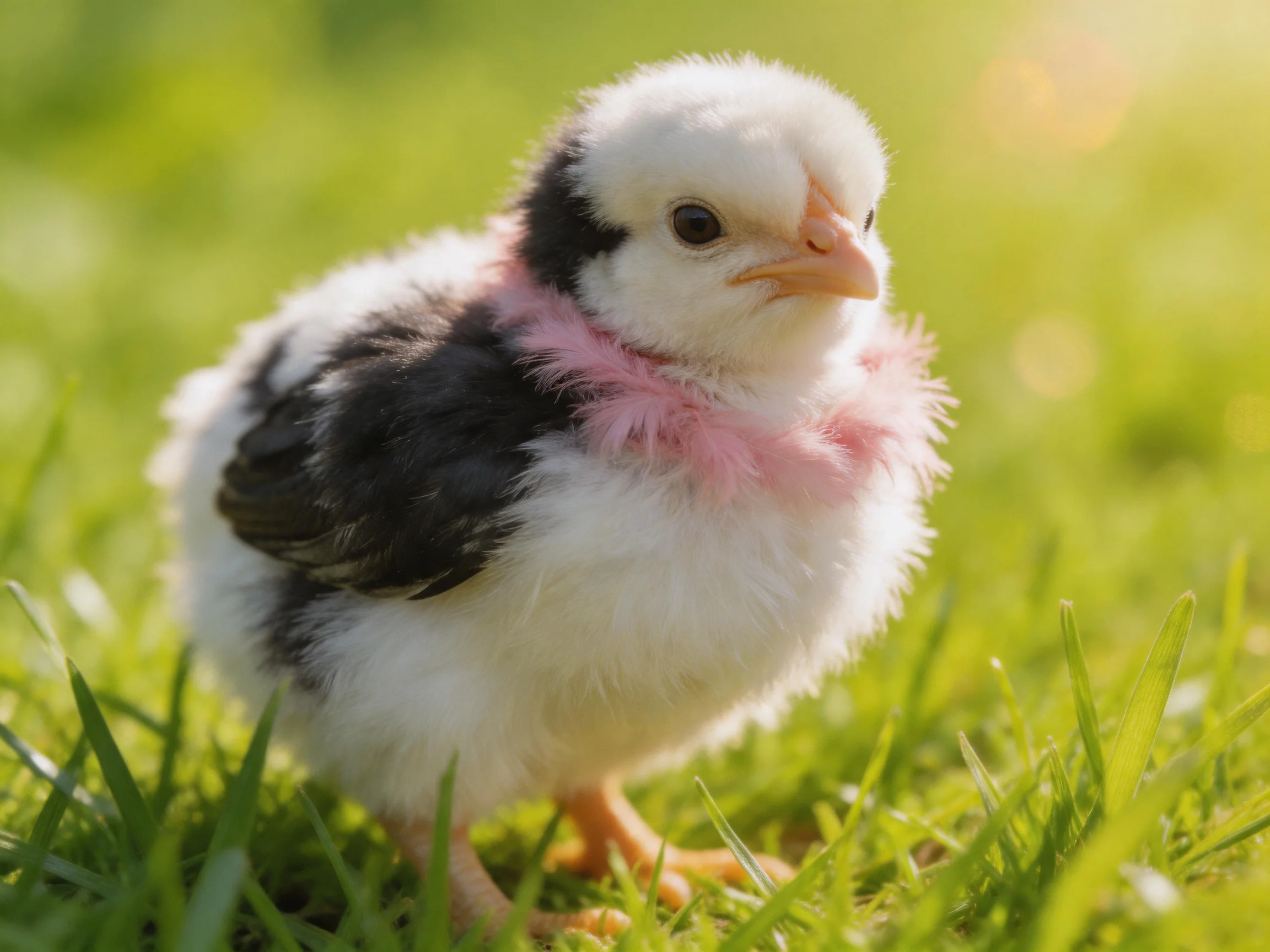 A fluffy black-and-white chick with a pink collar stands on bright green grass