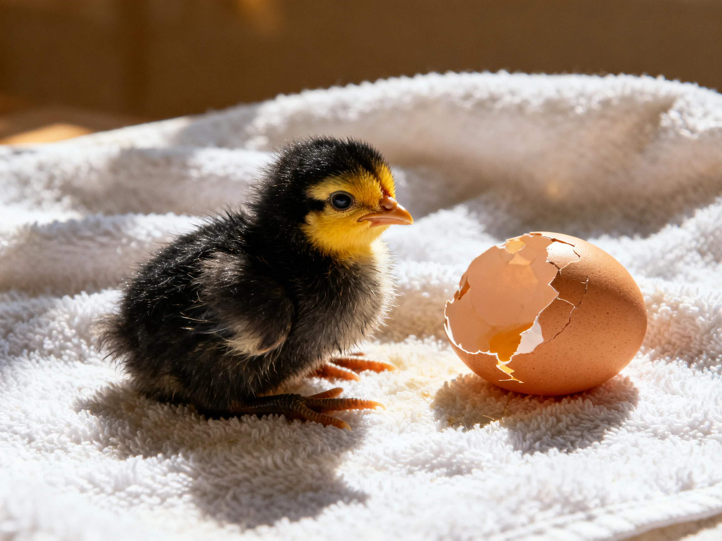 A fluffy black chick sits next to a cracked brown eggshell on a white towel