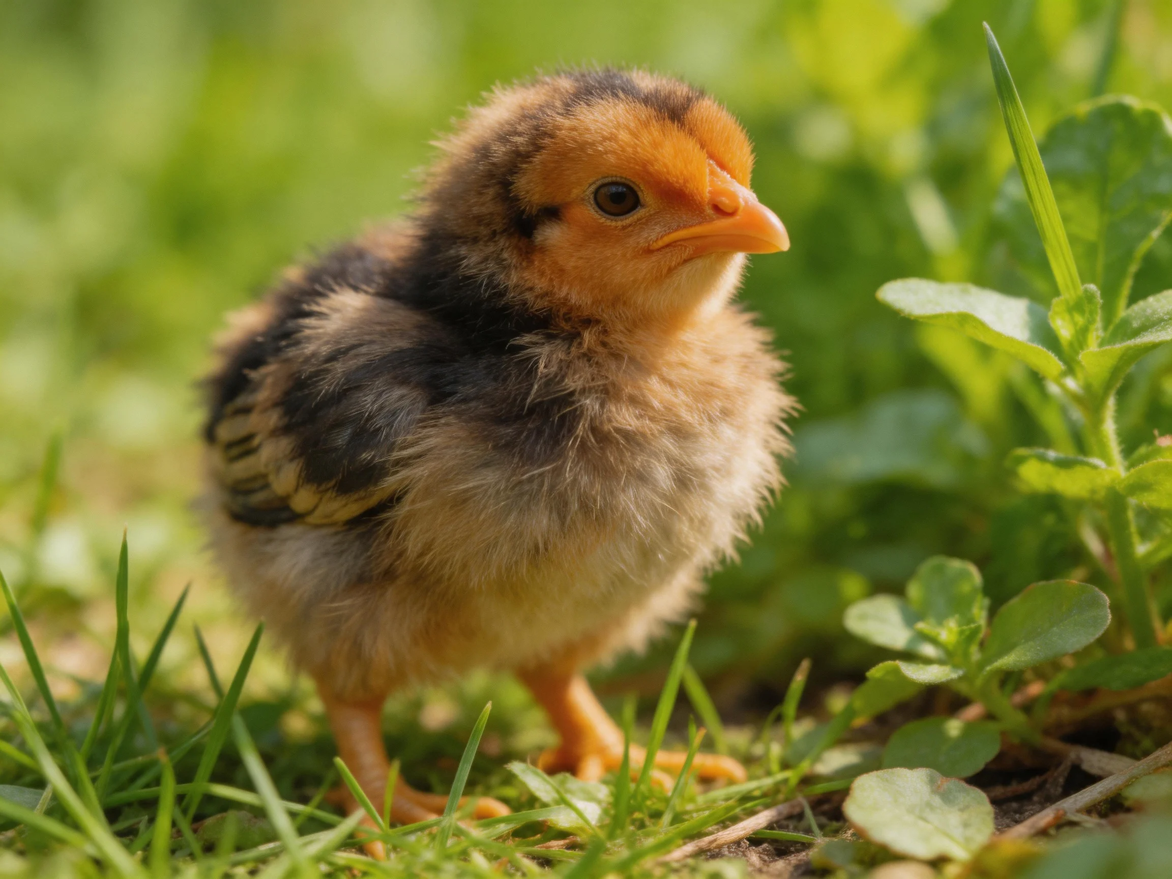 A fluffy brown and black chick standing among lush green foliage