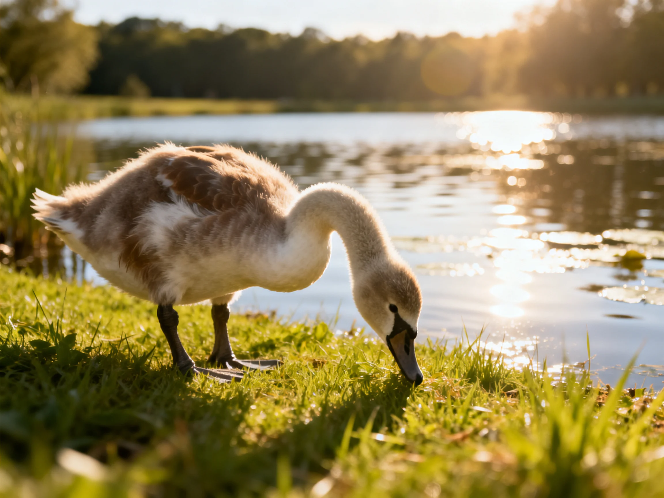 A fluffy brown and white baby swan feeds by a sunlit lakeside