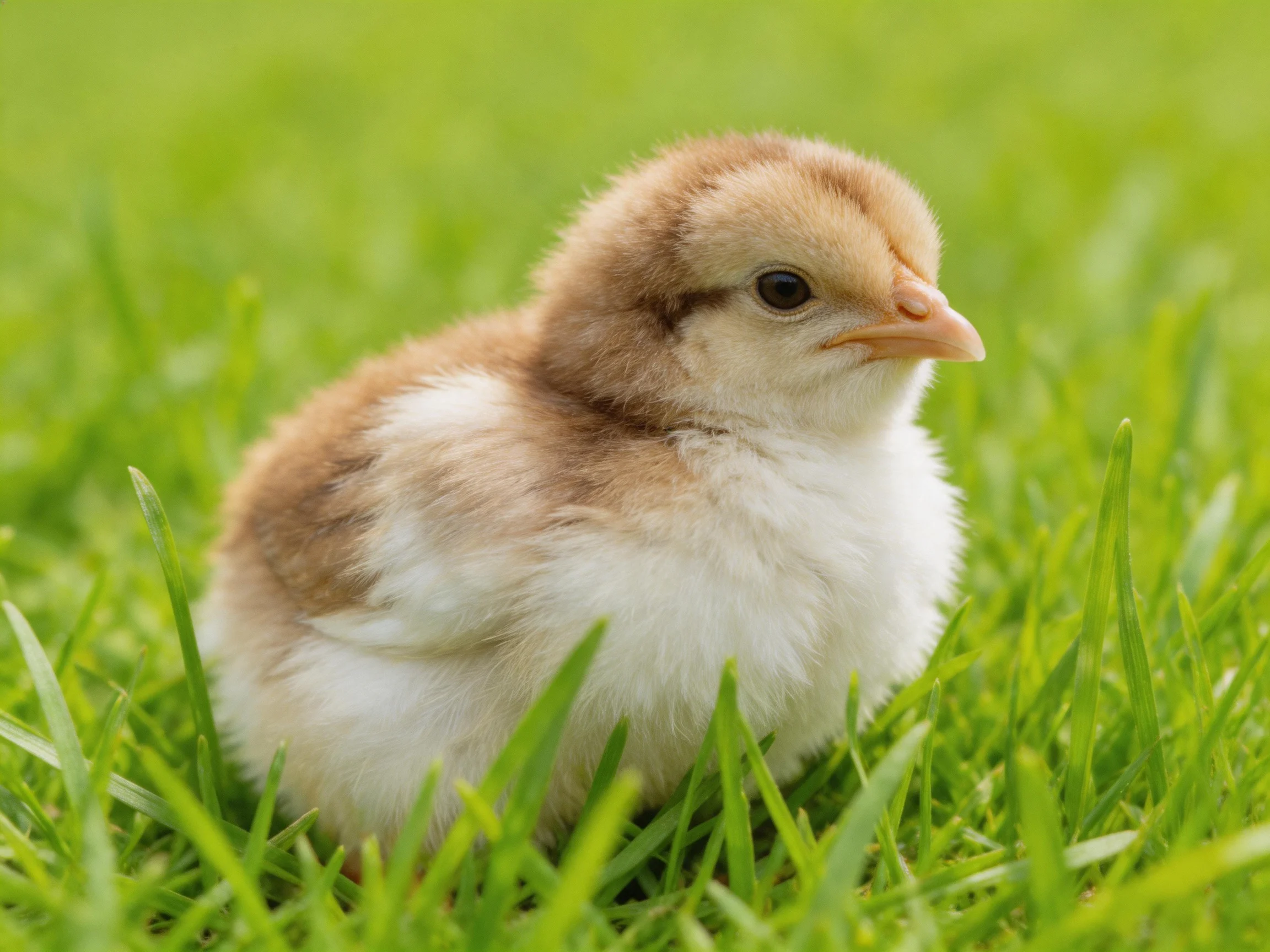 A fluffy brown and white chick resting in lush green grass