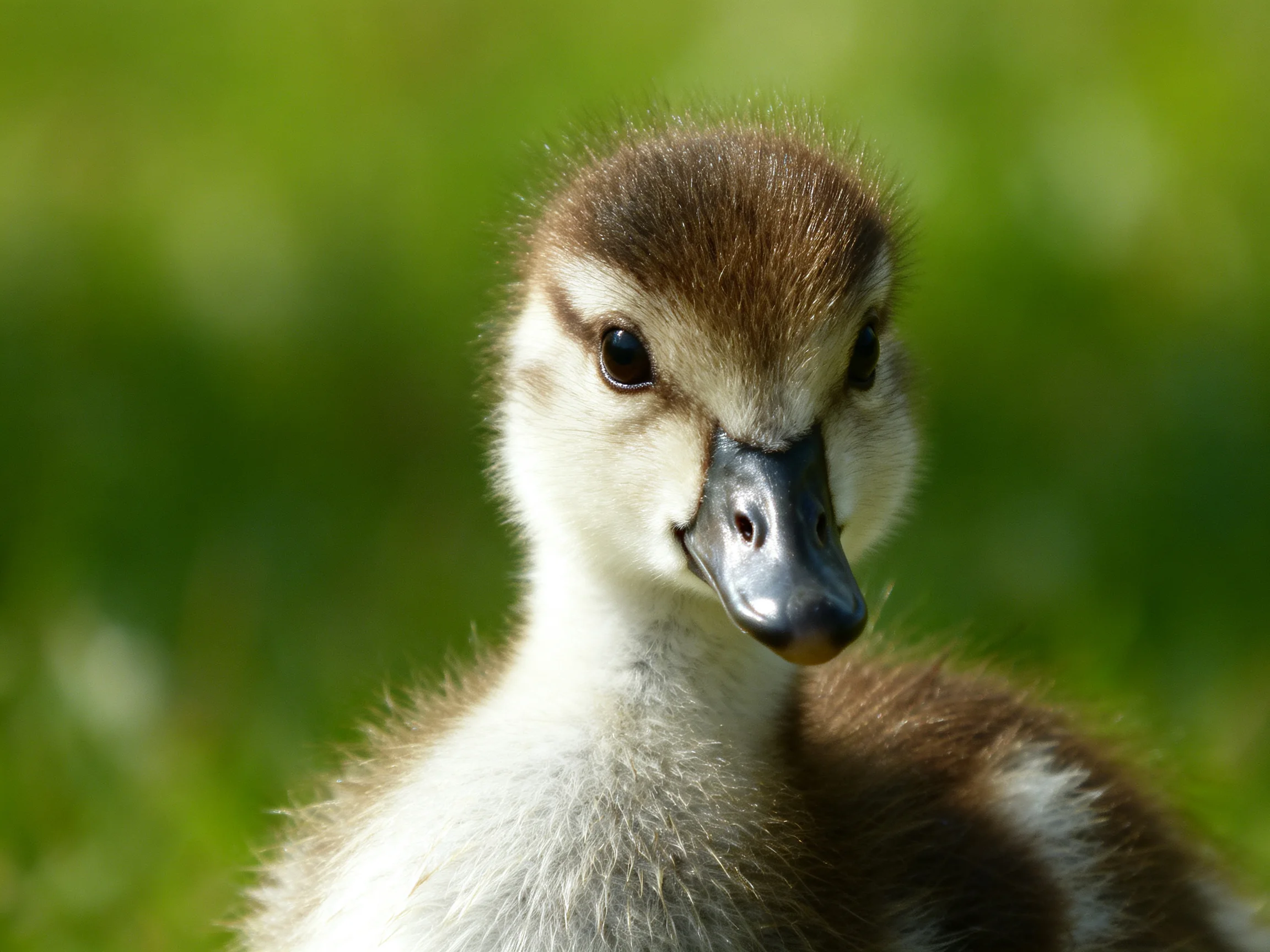 A fluffy brown and white duckling against a blurred green backdrop