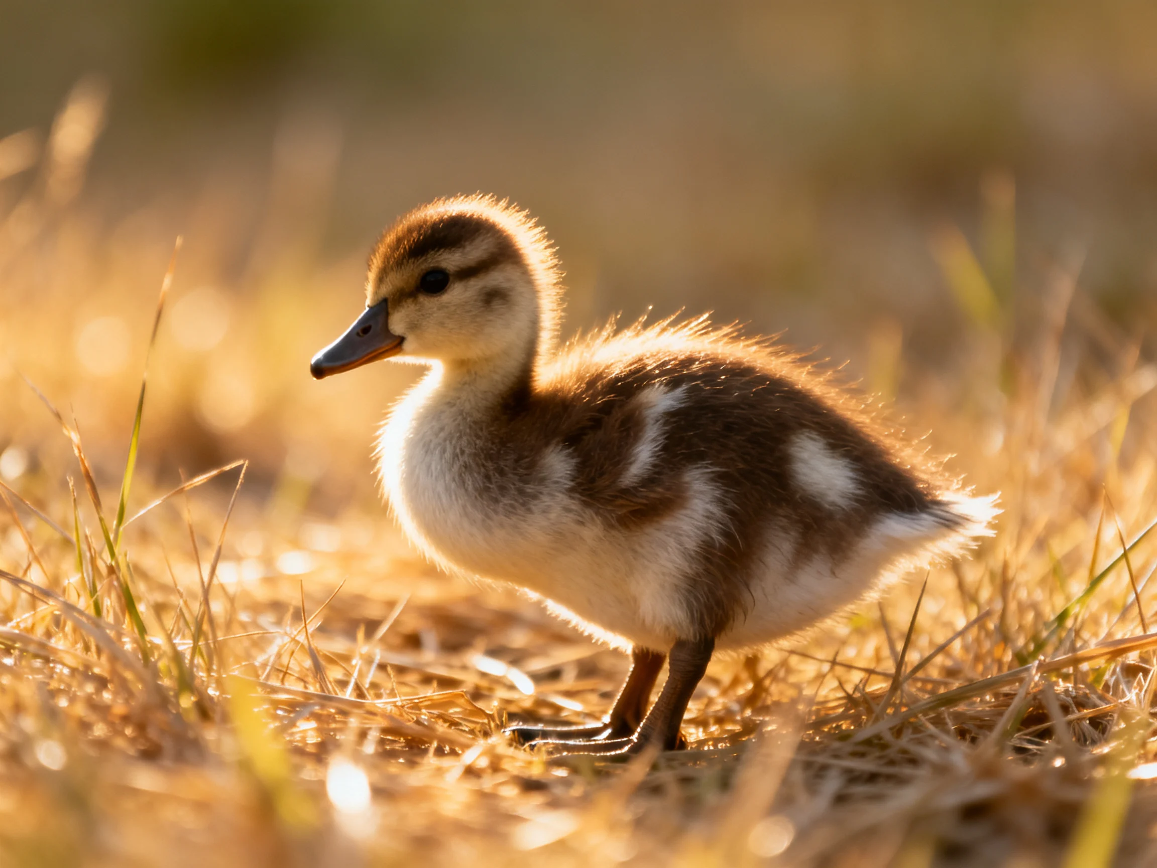 A young duckling with brown and white plumage stands in sunlit grass.