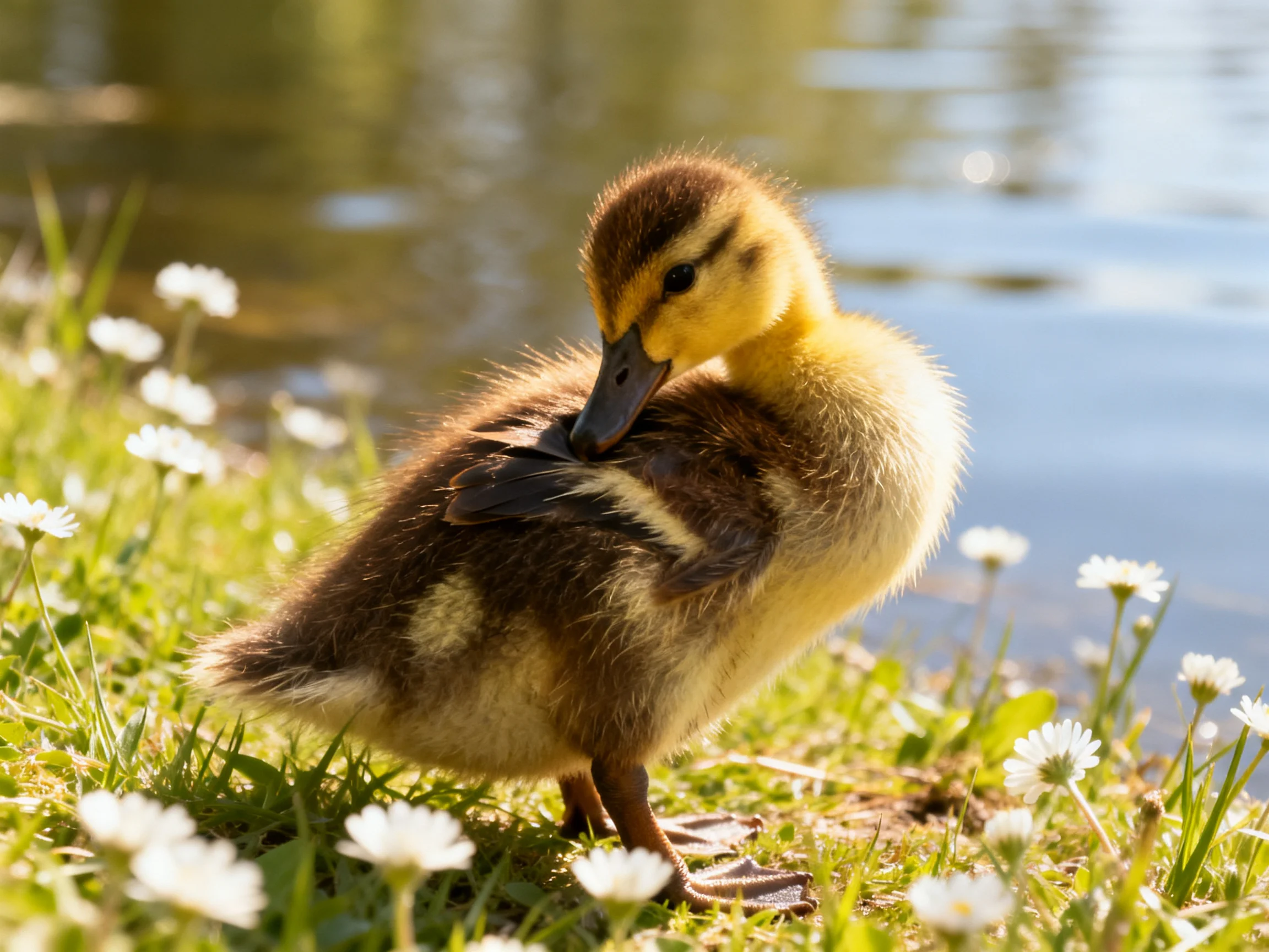 A fluffy brown and yellow duckling near a calm pond with white flowers