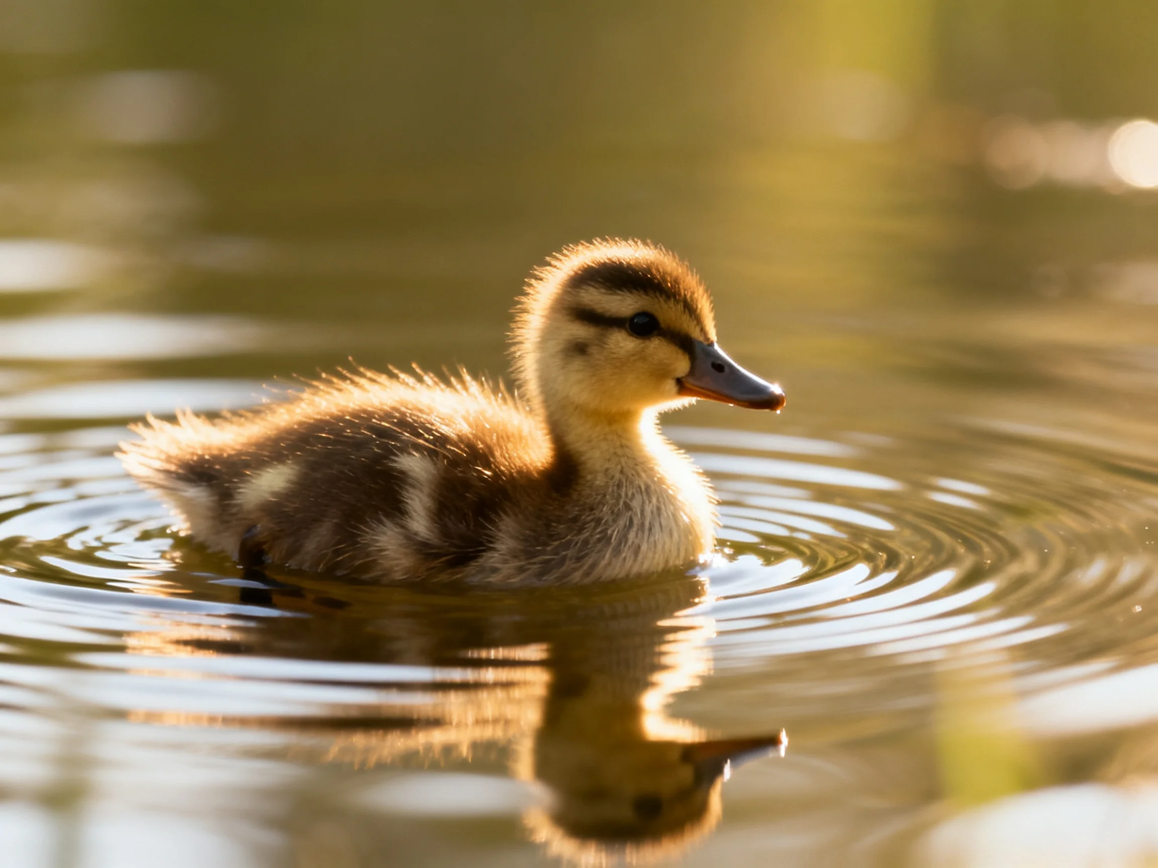 A fluffy brown and yellow duckling swims in calm, golden-hued water