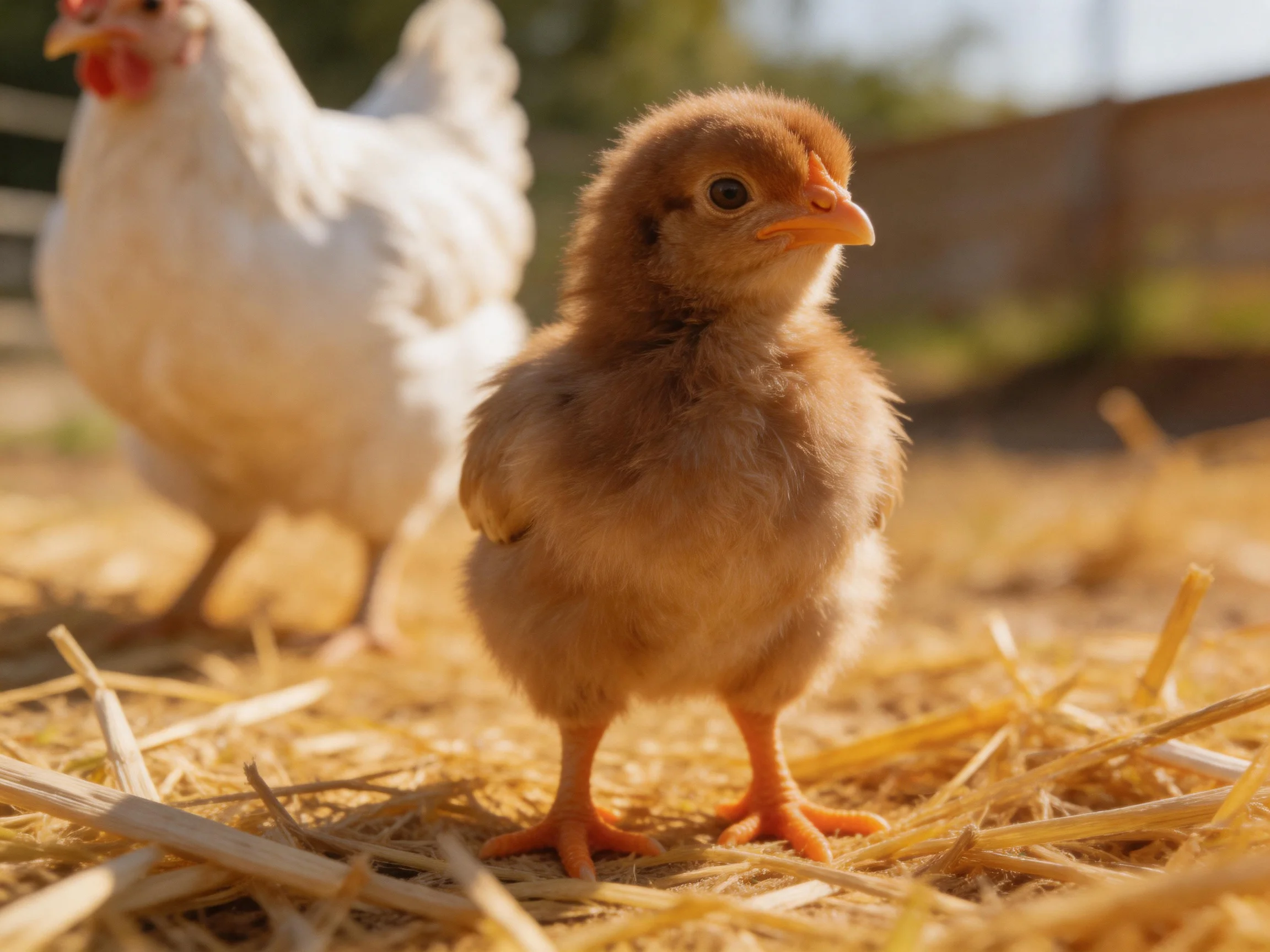 A fluffy brown chick stands near a white hen on golden straw